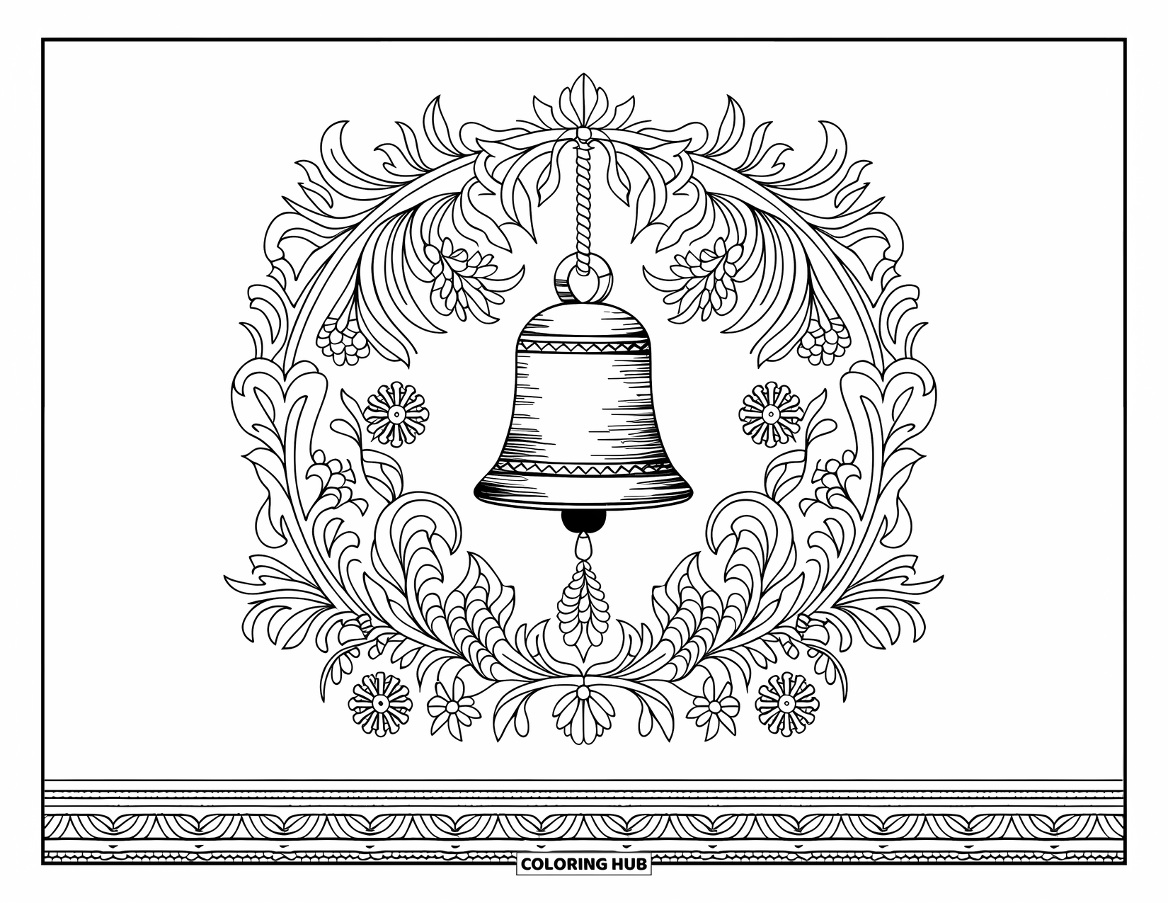 Bell Coloring Page for Adults: Rustic antique bell in a full-page floral pattern with a rope hanger