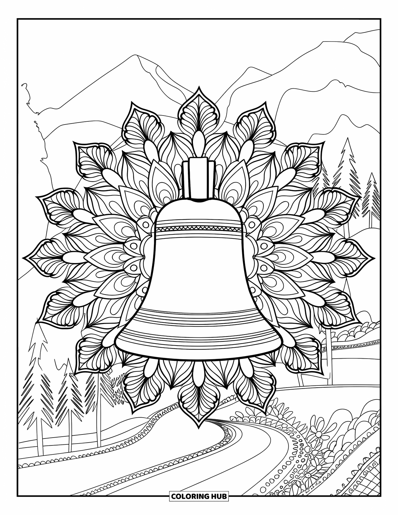Bell Coloring Page for Adults: Rusty church bell in a leafy mandala with trees and mountains