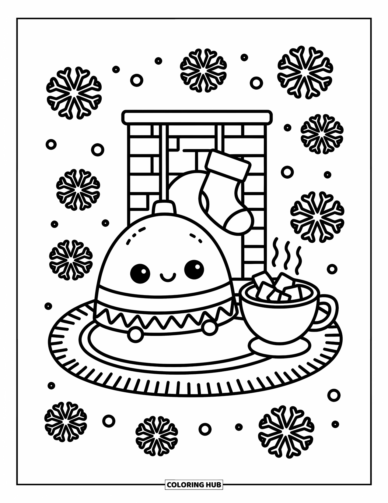 Bell Coloring Page for Adults: Smiling bell near a fireplace with hot cocoa, marshmallows, and falling snowflakes