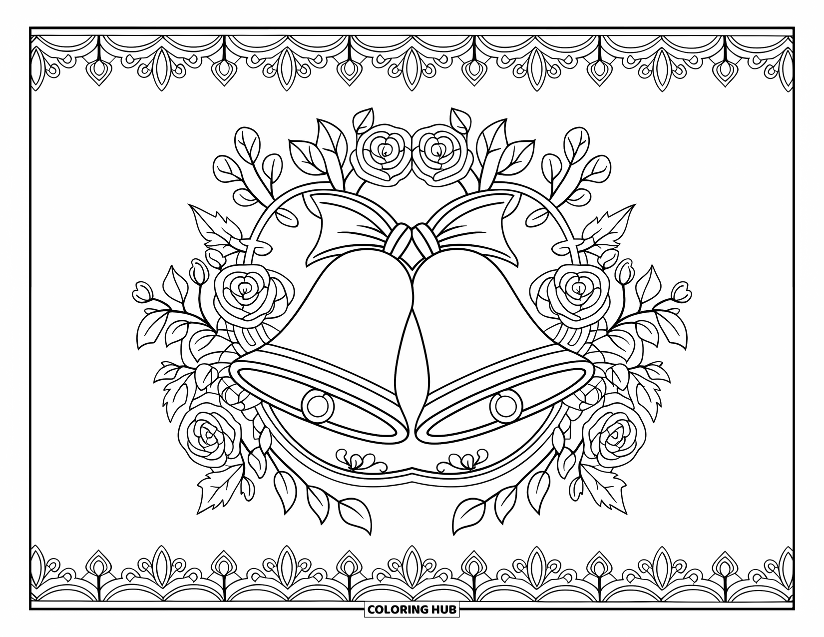 Bell Coloring Page for Adults: Wedding bells framed by roses, ivy, and elegant swirling filigree