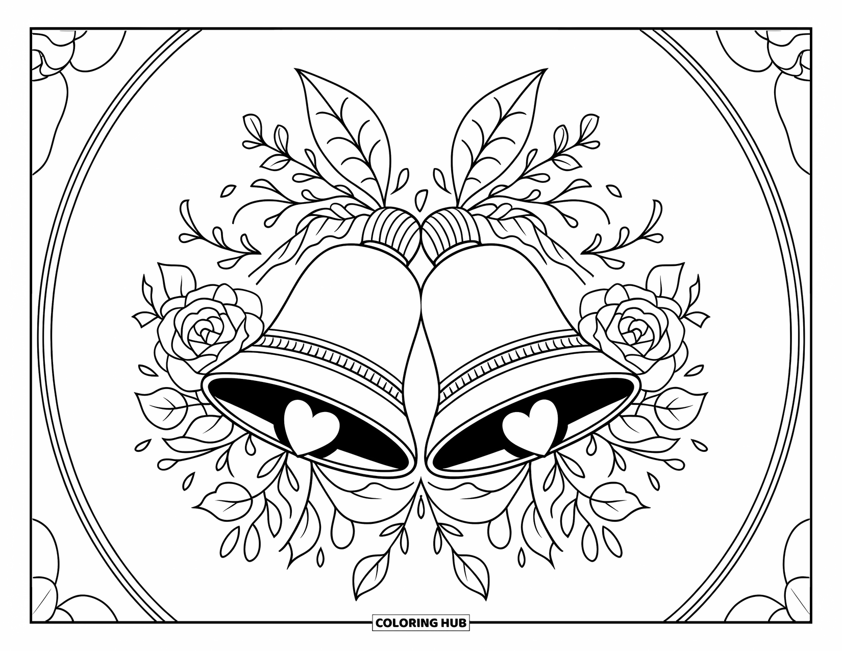 Bell Coloring Page for Adults: Wedding bells with heart-shaped openings framed by ivy and floral filigree