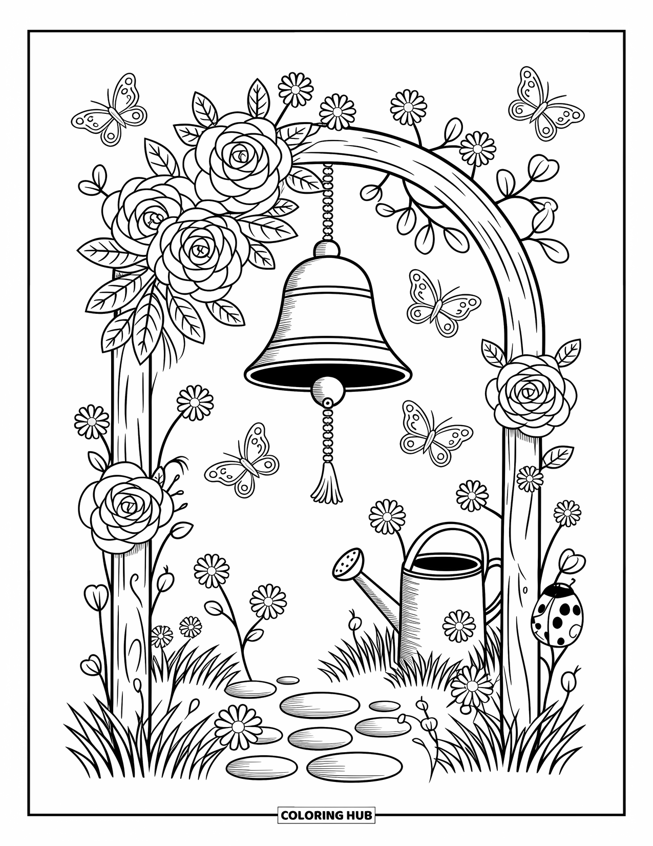 Bell Coloring Page for Adults: Whimsical bell under roses and vines, with butterflies and a little watering can