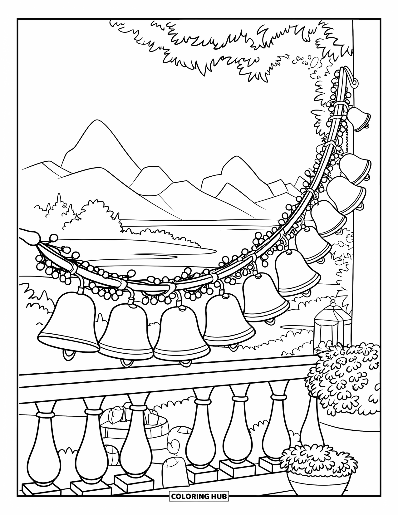 Bell Coloring Page for Kids: Balcony with bell garland, potted plants, and a scenic mountain view