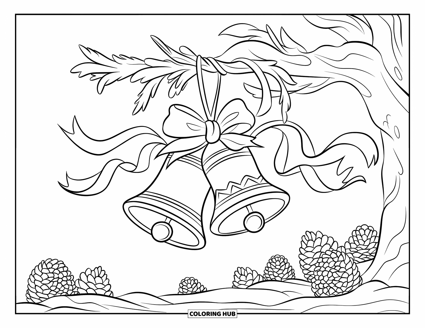 Bell Coloring Page for Kids: Bell cluster on a snowy branch with scattered pinecones and wrapped ribbons