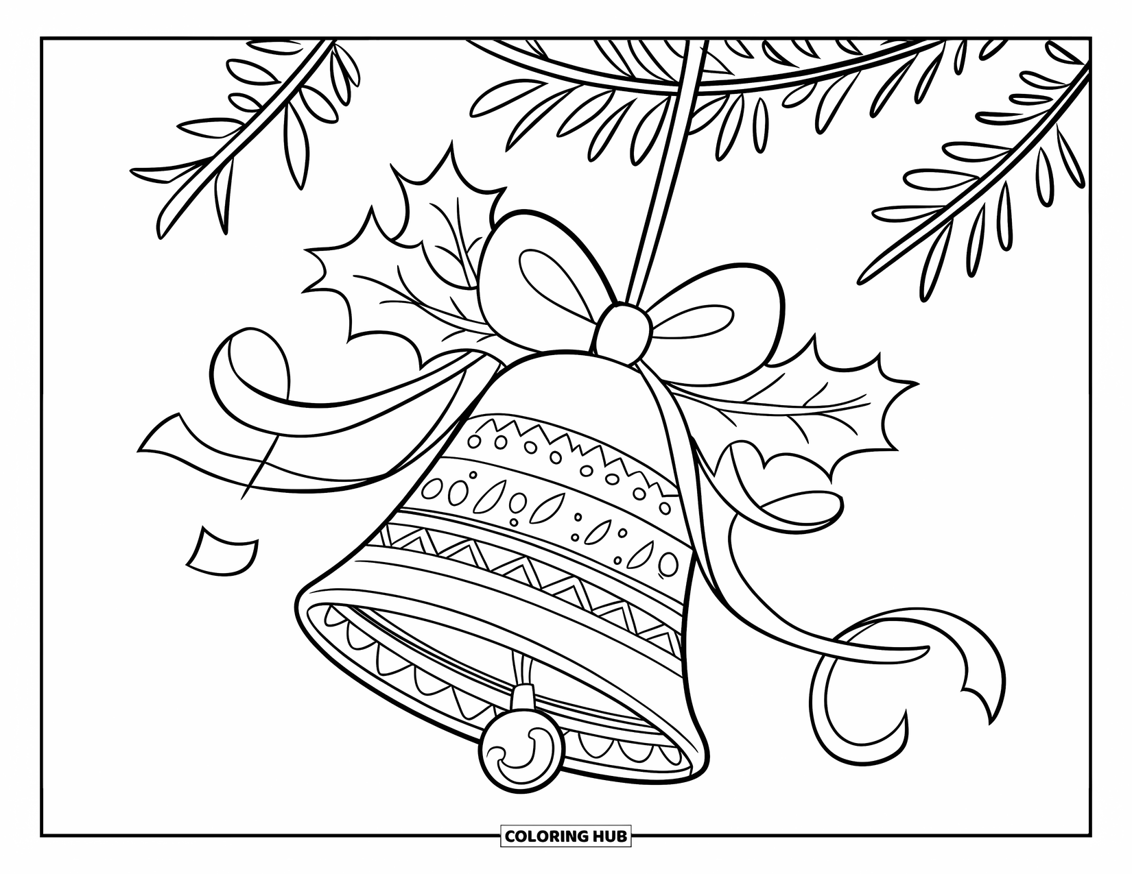 Bell Coloring Page for Kids: Bell ornament hanging from a branch with holly leaves and ribbons