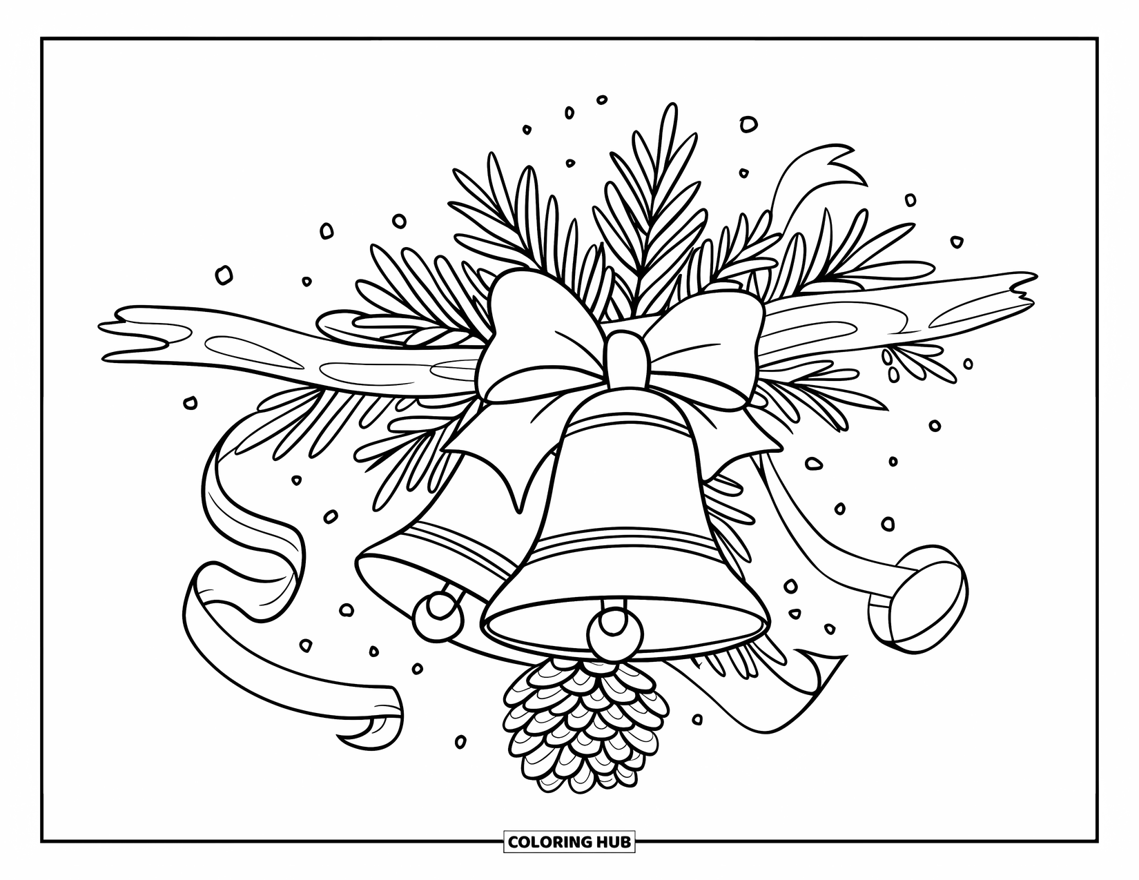 Bell Coloring Page for Kids: Christmas bells tied with ribbons and pinecones hanging from a wooden branch