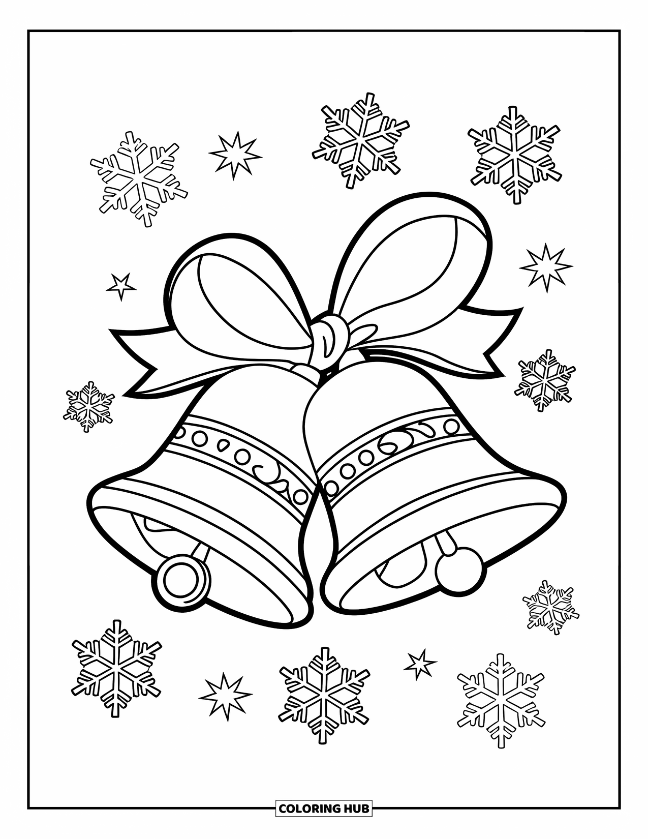 Bell Coloring Page for Kids: Christmas bells with a ribbon and sparkles surrounded by snowflakes and stars