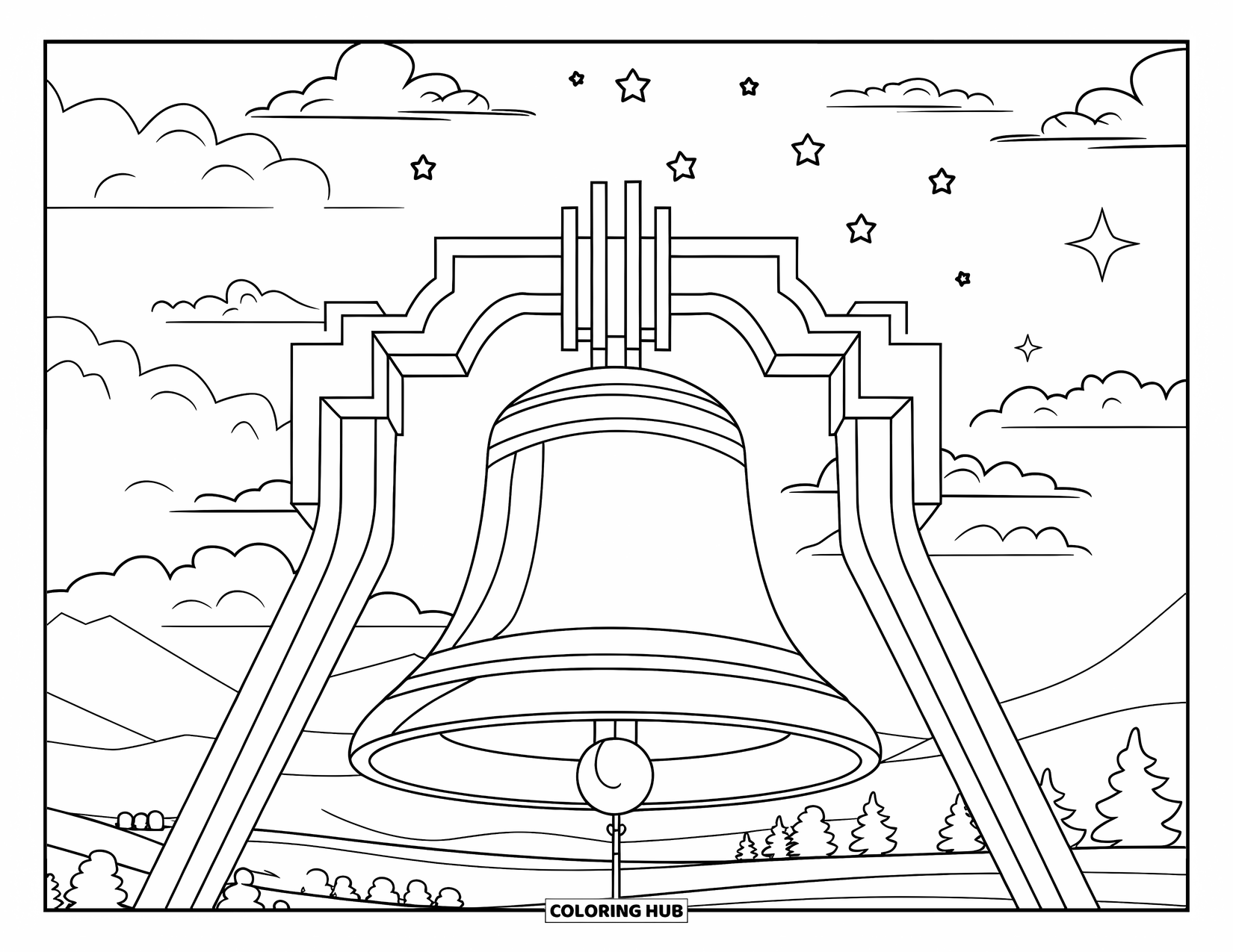 Bell Coloring Page for Kids: Church bell in a tall tower with clouds, stars, and peaceful nature