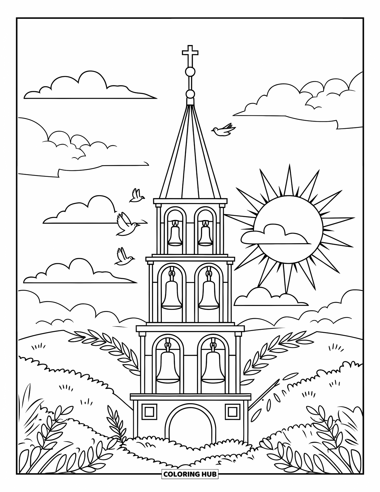 Bell Coloring Page for Kids: Church bell tower with sun, birds, and fluffy clouds above