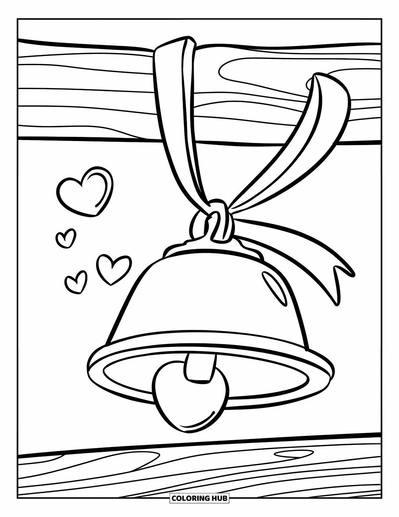 Bell Coloring Page for Kids: Cowbell and ribbon on a wooden surface with tiny hearts nearby