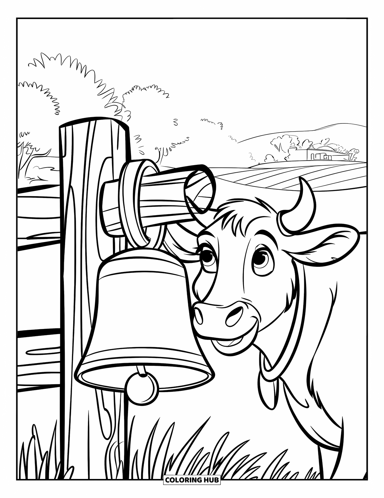 Bell Coloring Page for Kids: Cowbell on a friendly cow by rolling hills and trees