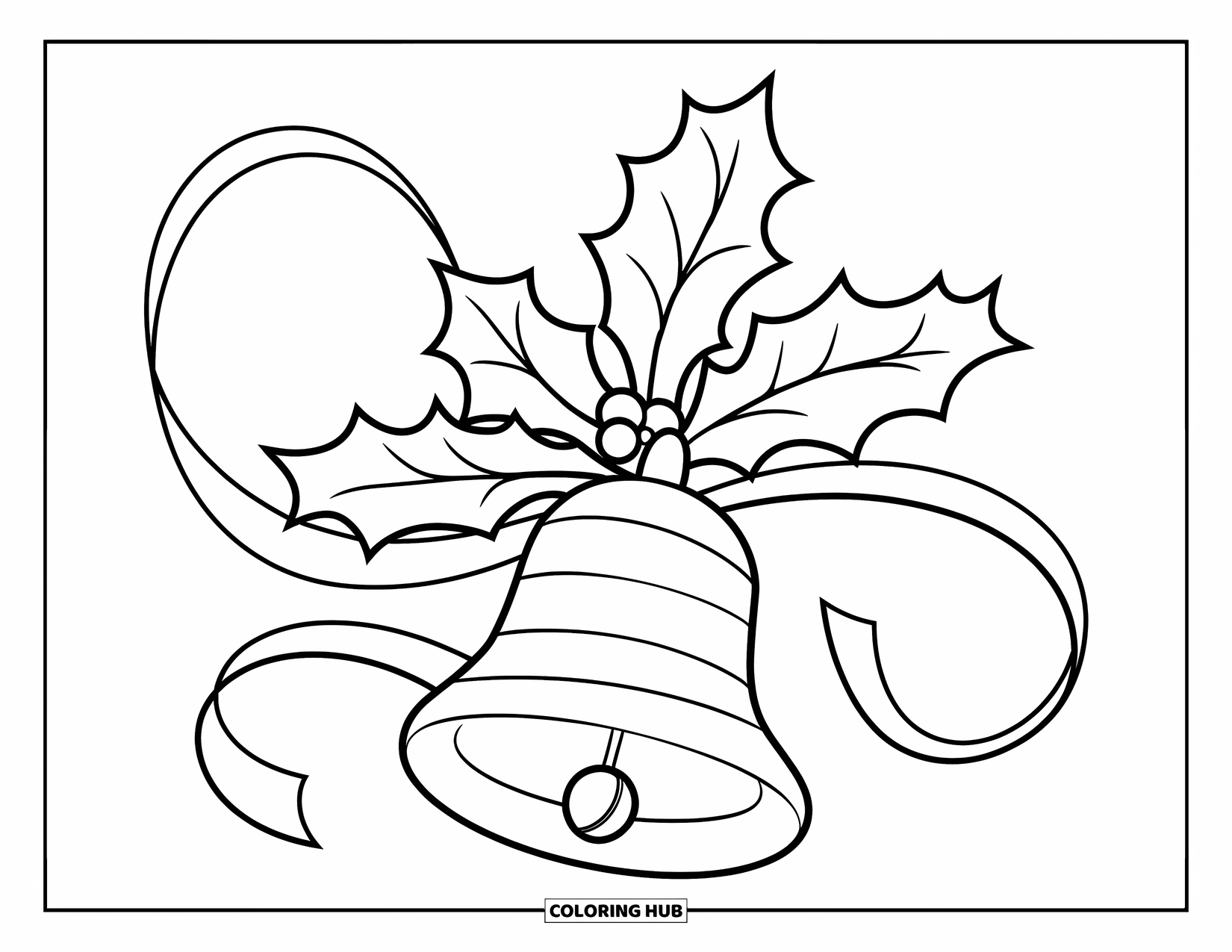 Bell Coloring Page for Kids: Festive bell shaped like Mickey with holly, ribbons, and berries