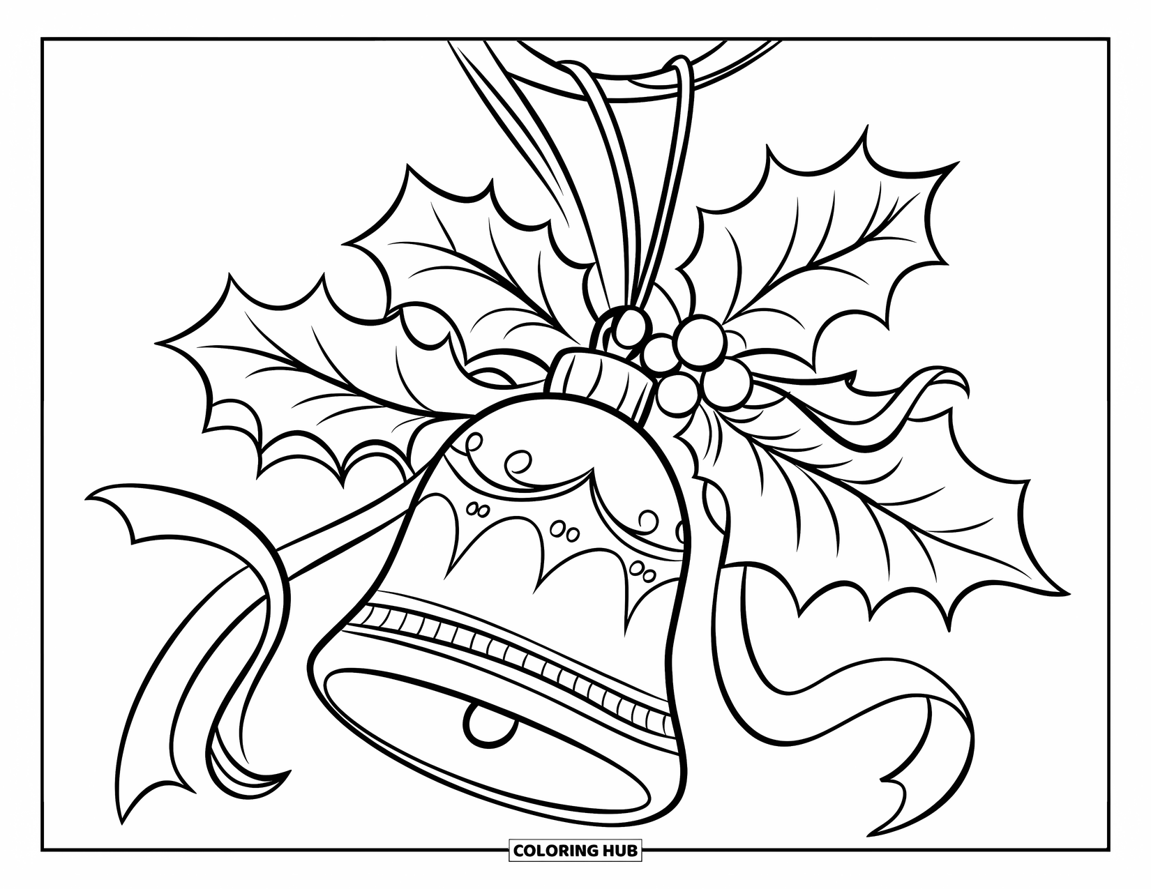 Bell Coloring Page for Kids: Hanging bell with bold holly leaves, ribbons, and a shiny handle