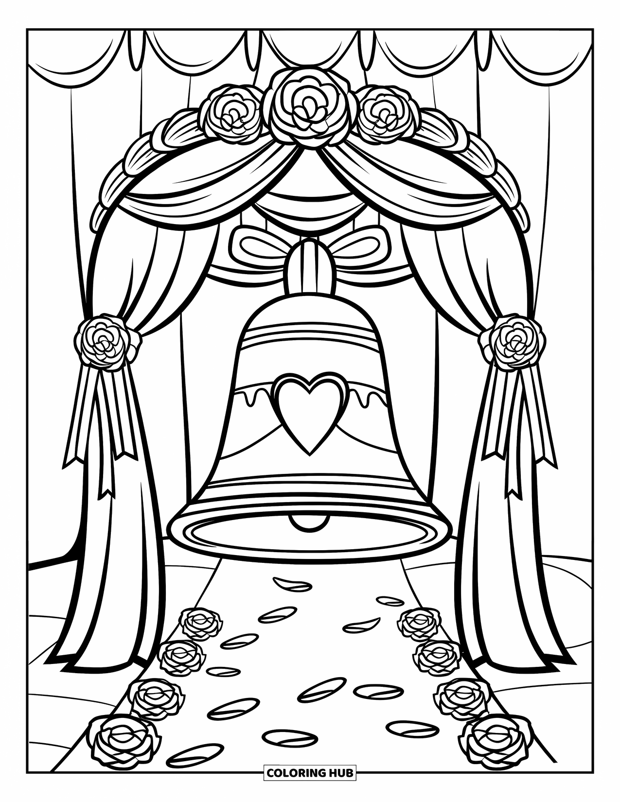 Bell Coloring Page for Kids: Heart-shaped wedding bell on a floral arch with rose petals below