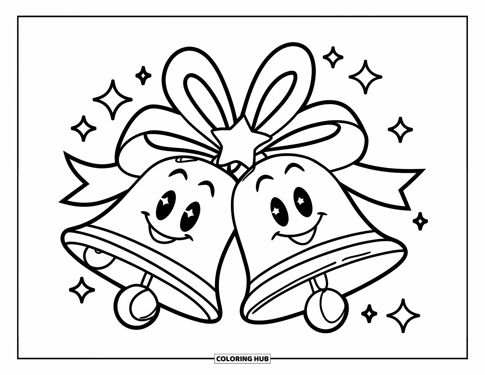 Bell Coloring Page for Kids: Jolly bells with happy faces, ribbon, and a star on top
