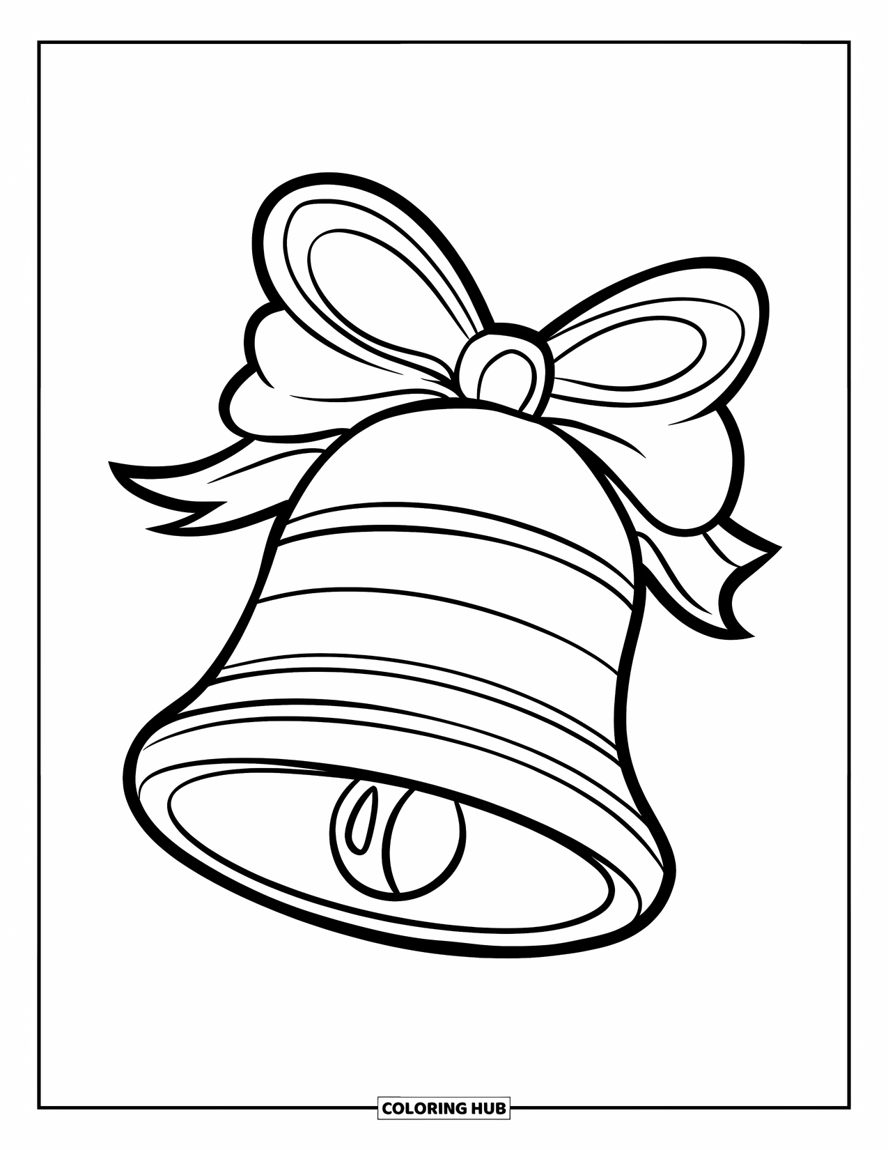 Bell Coloring Page for Kids: Large jingle bell with a red bow, perfect for holiday fun