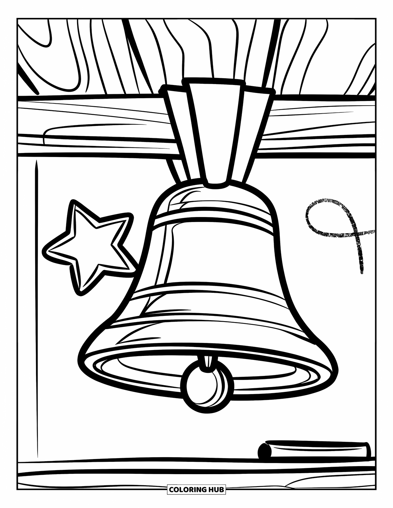 Bell Coloring Page for Kids: School bell and star with a whiteboard in the background