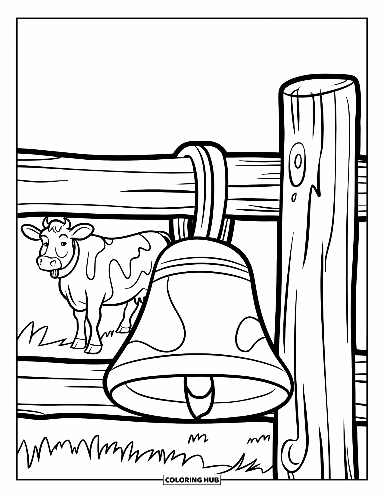 Bell Coloring Page for Kids: Two cows and a fence post with a cowbell in a grassy field