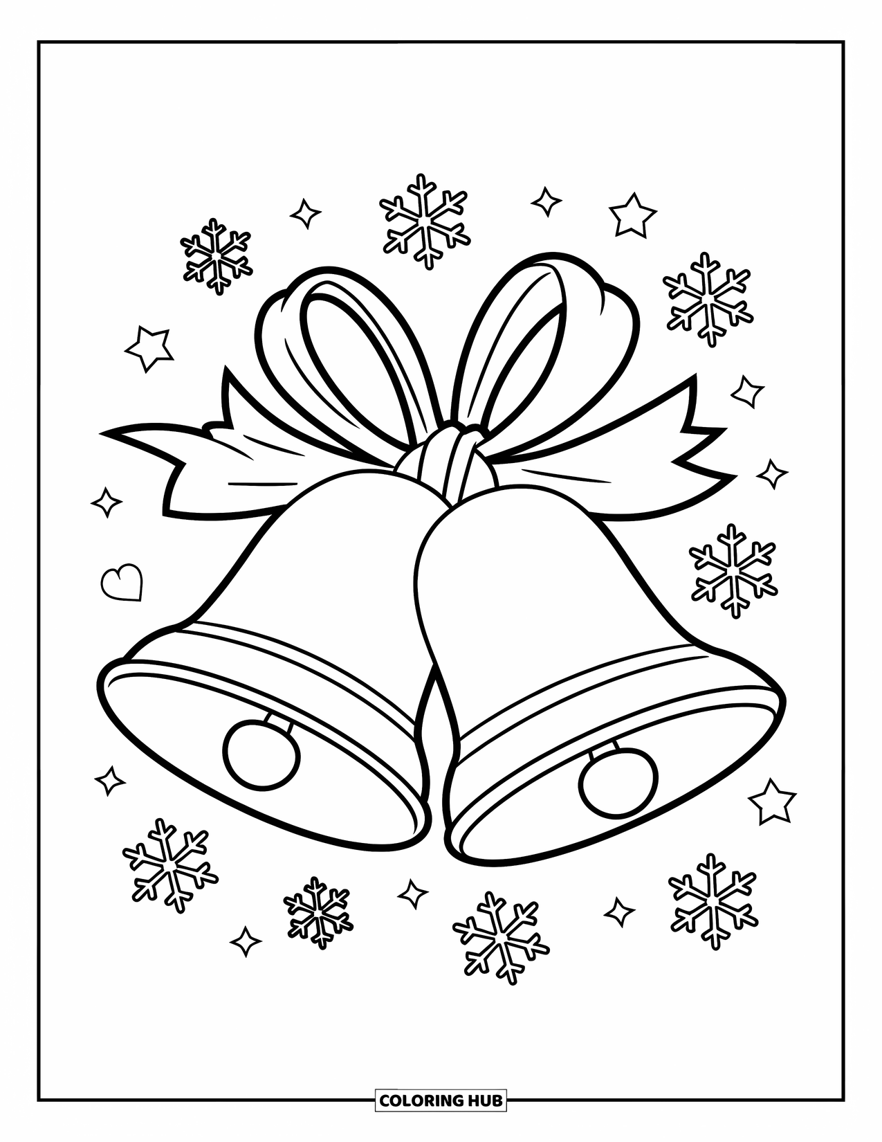 Bell Coloring Page for Kids: Two holiday bells with a ribbon, stars, and snowflakes all around