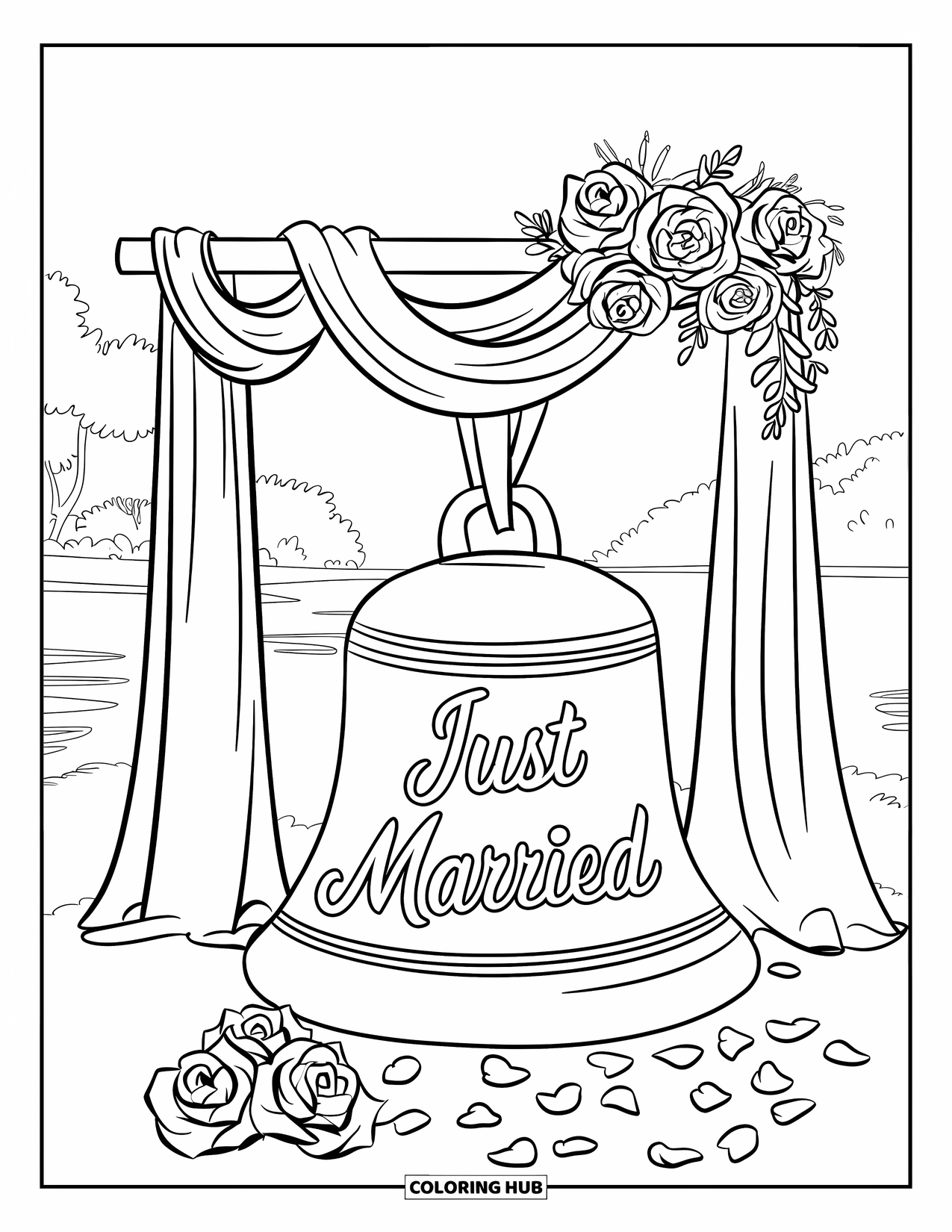 Bell Coloring Page for Kids: Wedding bell with "Just Married" under a floral arch near a calm lake