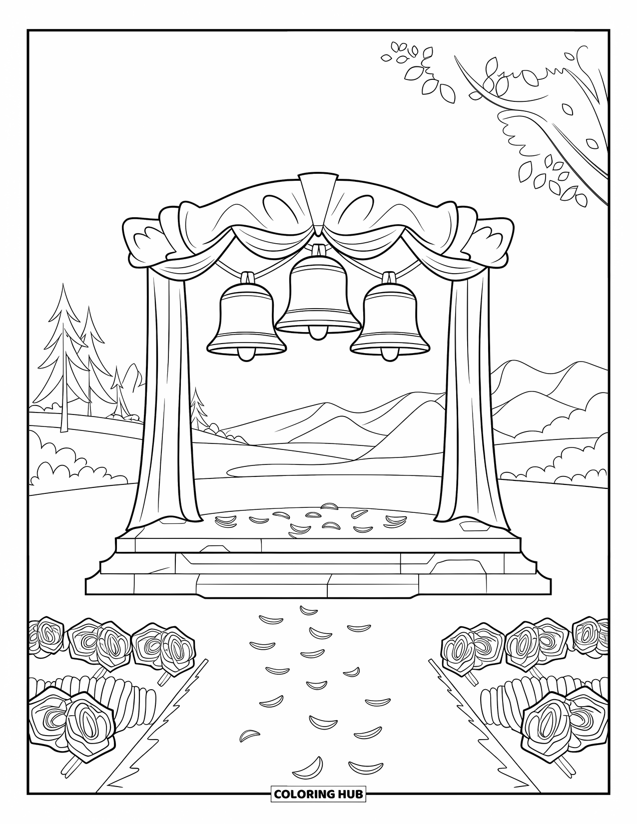 Bell Coloring Page for Kids: Wedding bells hanging above stone steps with petals and mountains nearby