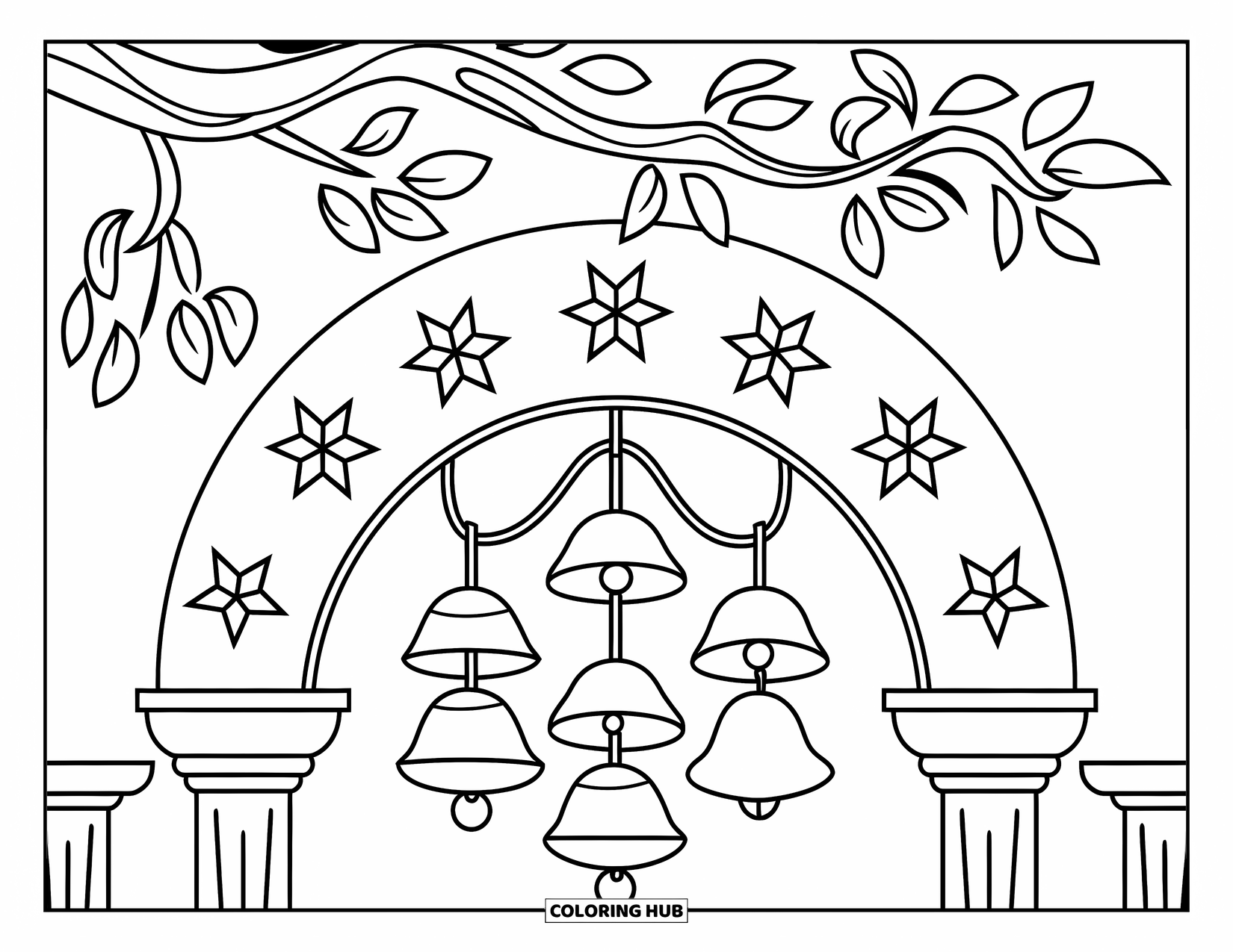 Bell Coloring Page for Kids: Wind chime hanging from a leafy arch with five bells and star accents