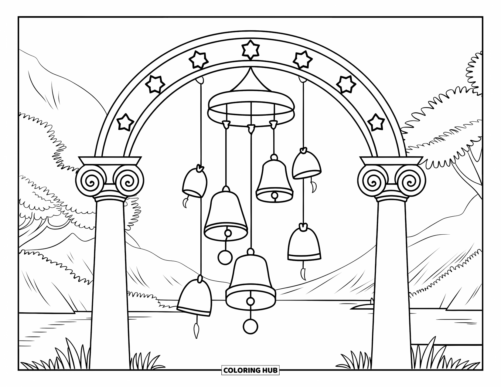 Bell Coloring Page for Kids: Wind chime in a floral archway with a peaceful nature scene behind it