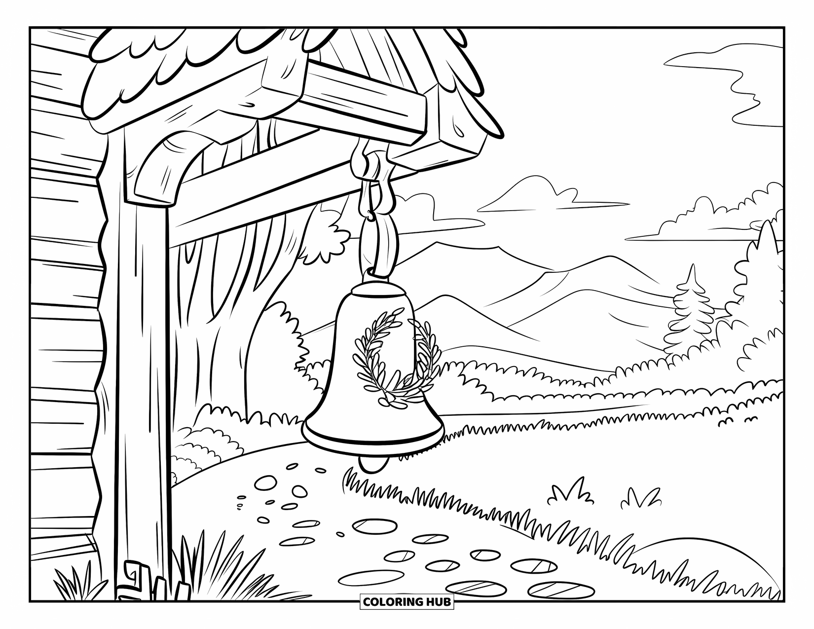 Bell Coloring Page for Kids: Wreathed doorbell on an arched doorway with a peaceful nature scene