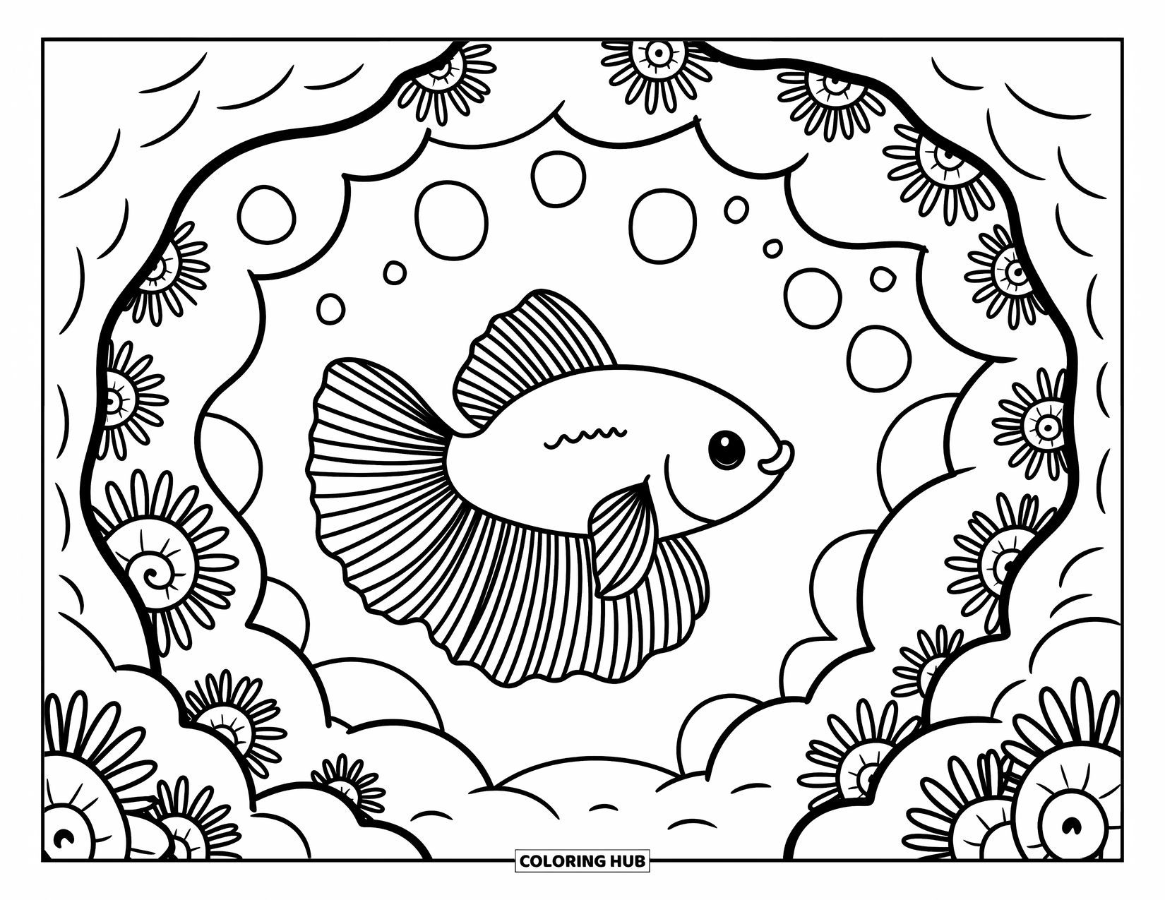 Betta Fish Coloring Page for Adults: A betta fish emerges from a cute cave filled with rocks, snail shells, and tufts