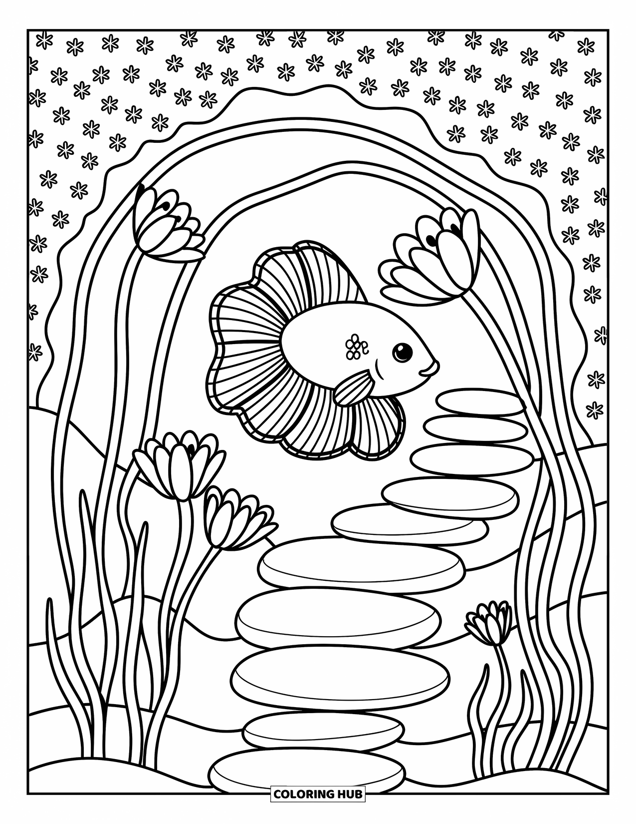 Betta Fish Coloring Page for Adults: A betta fish glides through gentle arches of sea plants and flower-shaped fronds