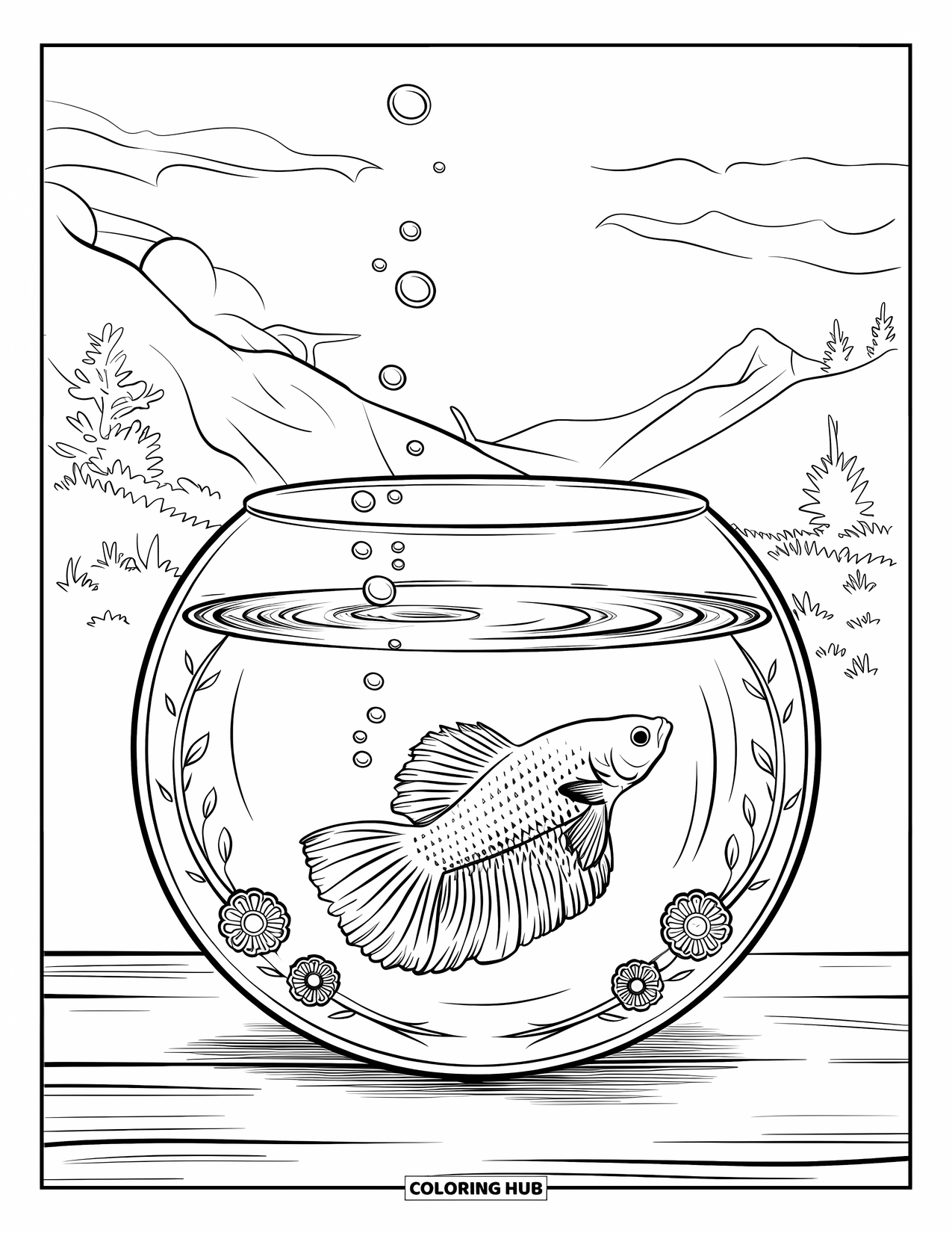 Betta Fish Coloring Page for Adults: A betta fish in a bowl is surrounded by floral motifs and a peaceful view