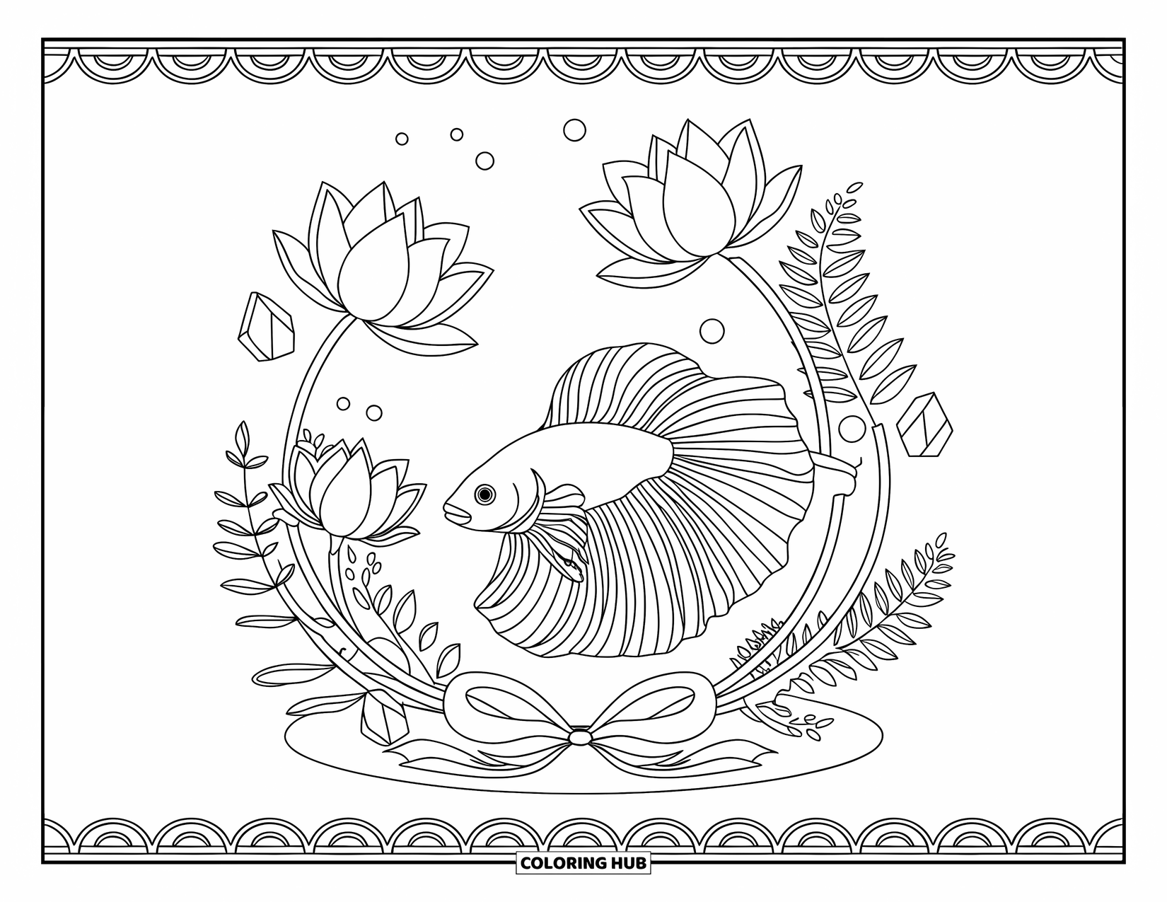 Betta Fish Coloring Page for Adults: A betta fish in a ribbon-wrapped bowl swims among lotus flowers and ferns