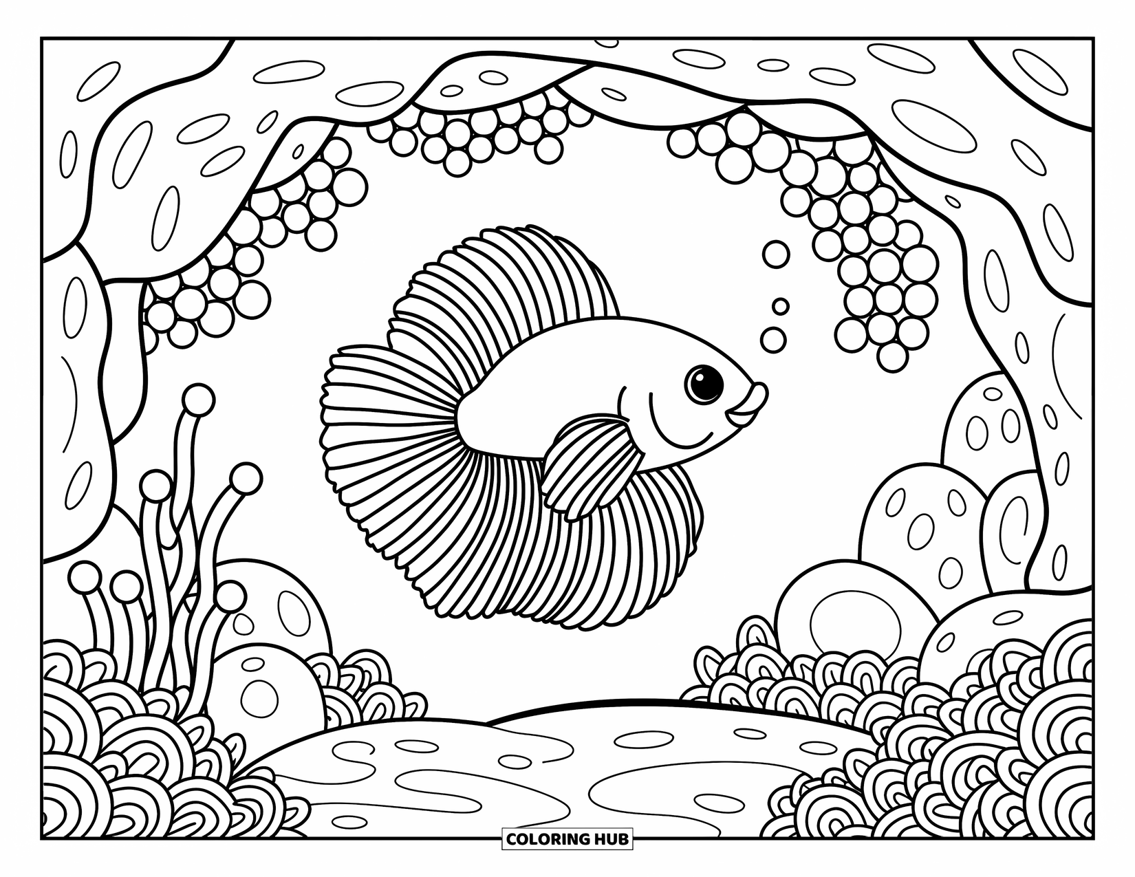 Betta Fish Coloring Page for Adults: A betta fish peeks out of a cozy cave with shells, rocks, and playful anemones