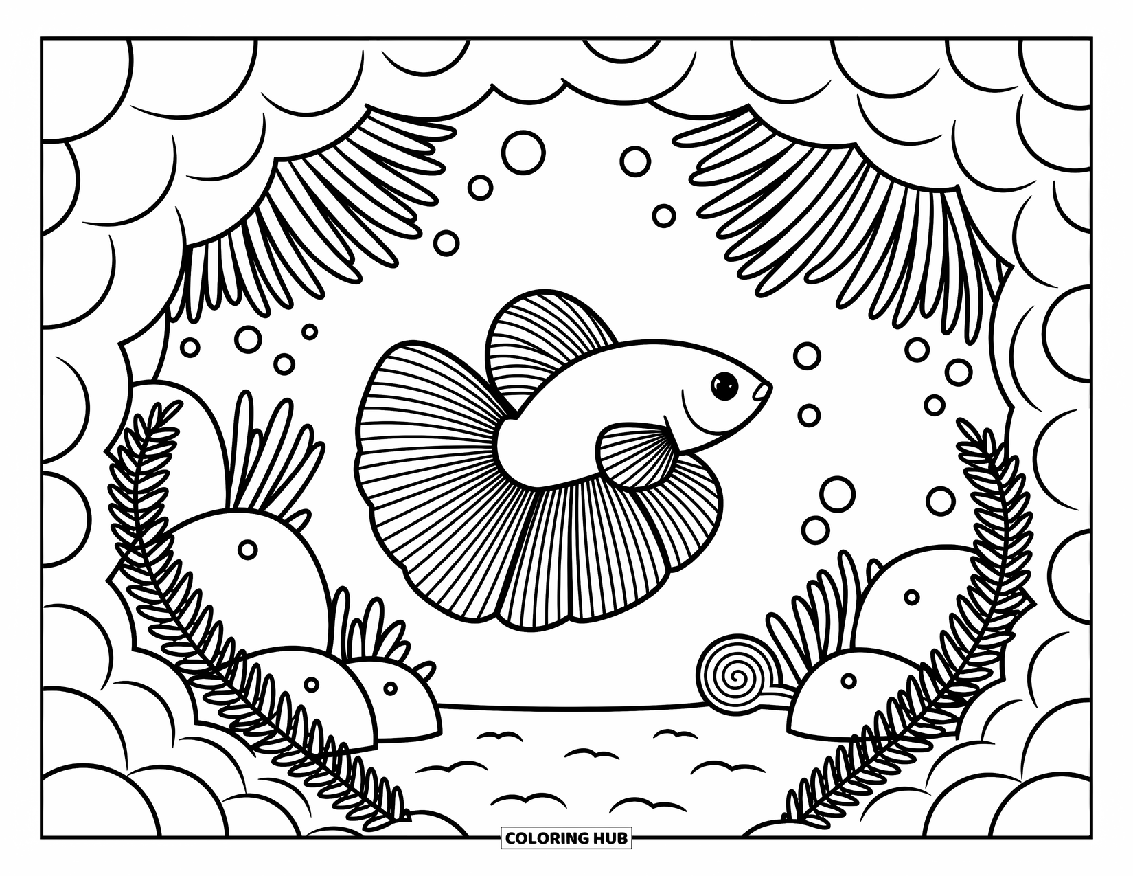 Betta Fish Coloring Page for Adults: A betta fish swims from a cave with anemones, bubbles, and leafy seaweed fronds