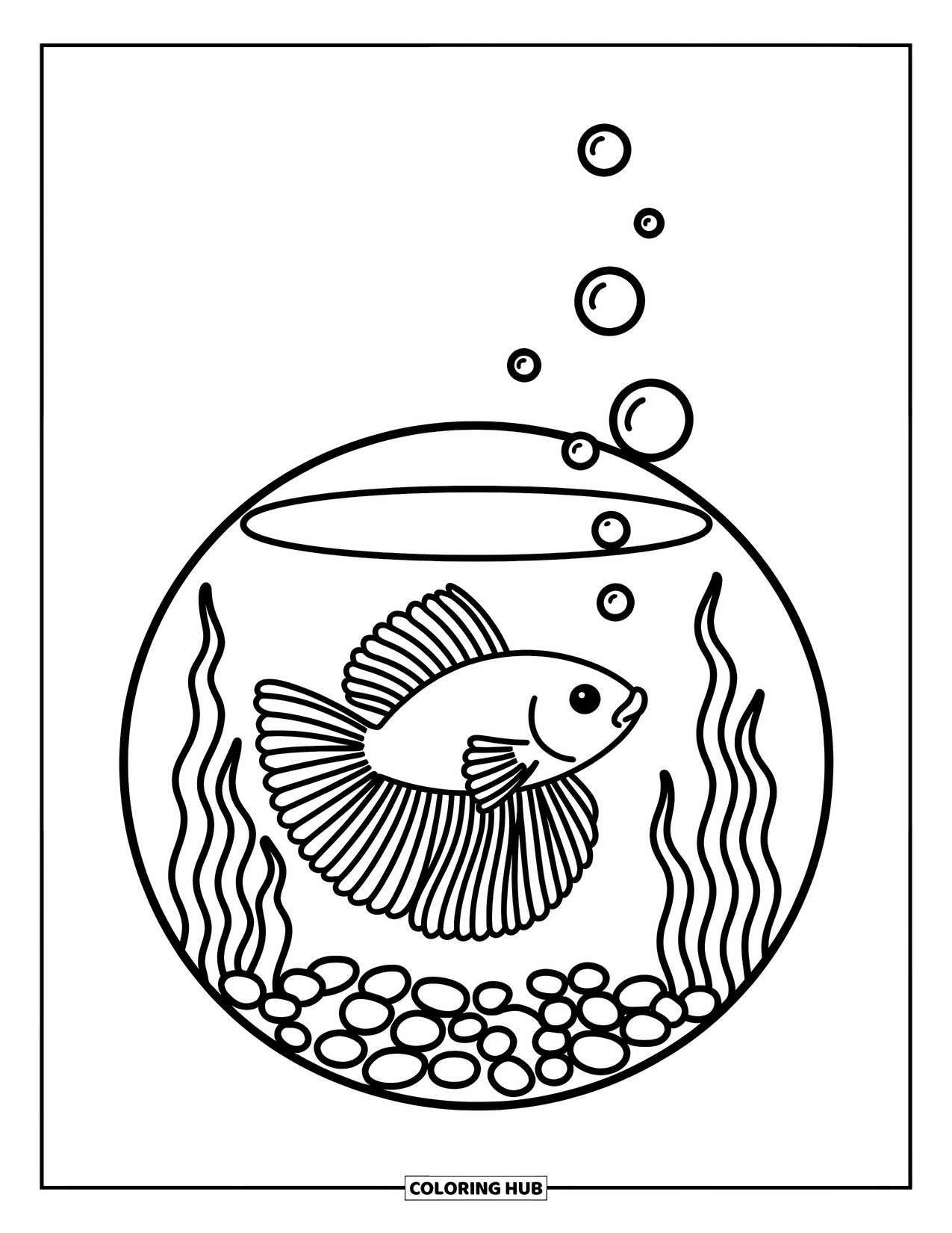 Betta Fish Coloring Page for Adults: A betta fish swims in a bowl with curvy plants and drifting bubbles