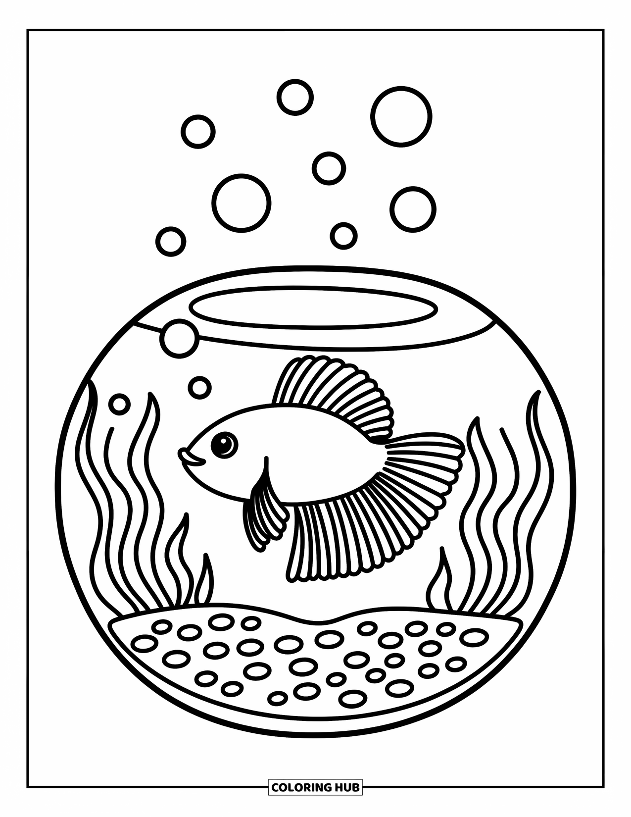 Betta Fish Coloring Page for Adults: A betta fish swims in a cozy bowl filled with plants, pebbles, and soft bubbles