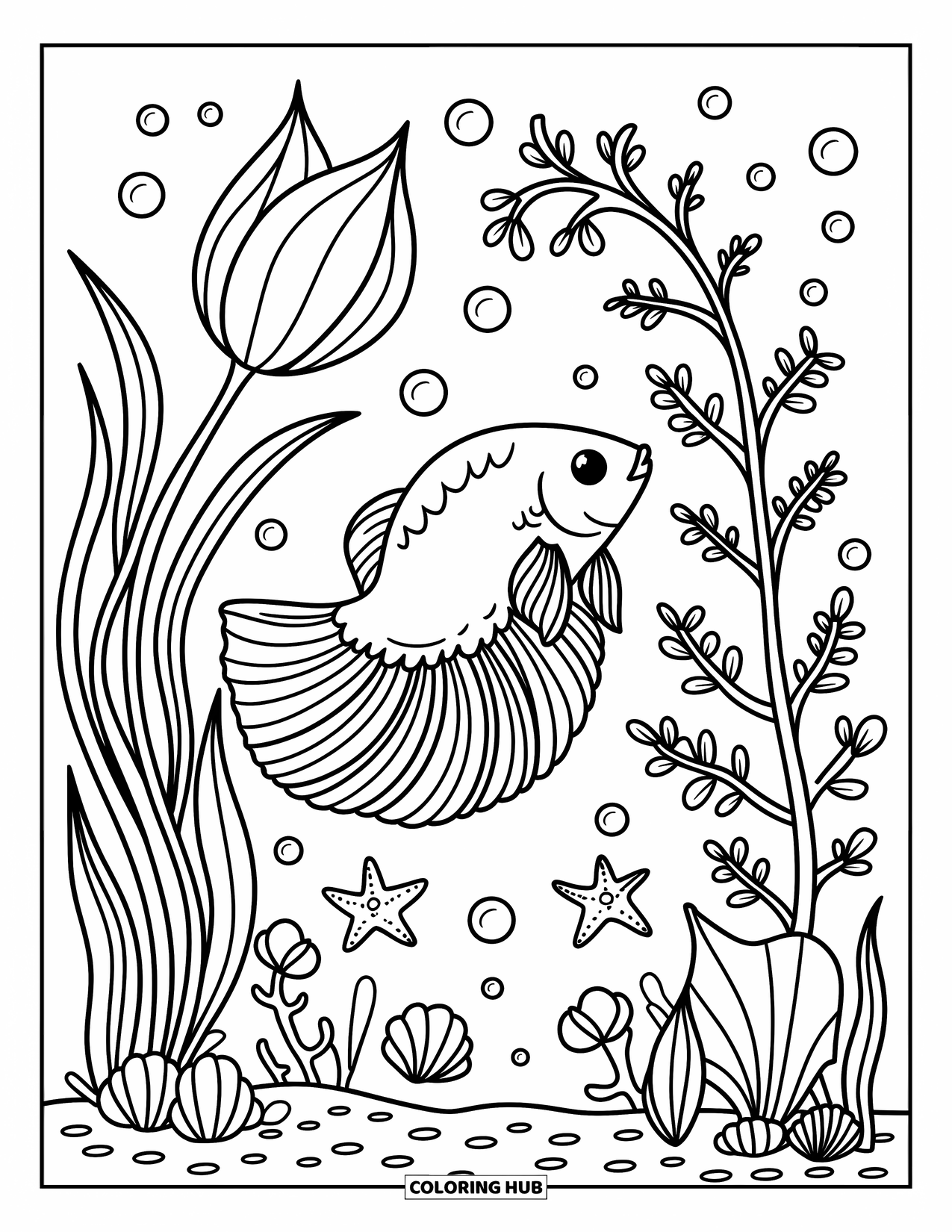 Betta Fish Coloring Page for Adults: A betta fish swims in an underwater garden filled with sea stars and tiny shells
