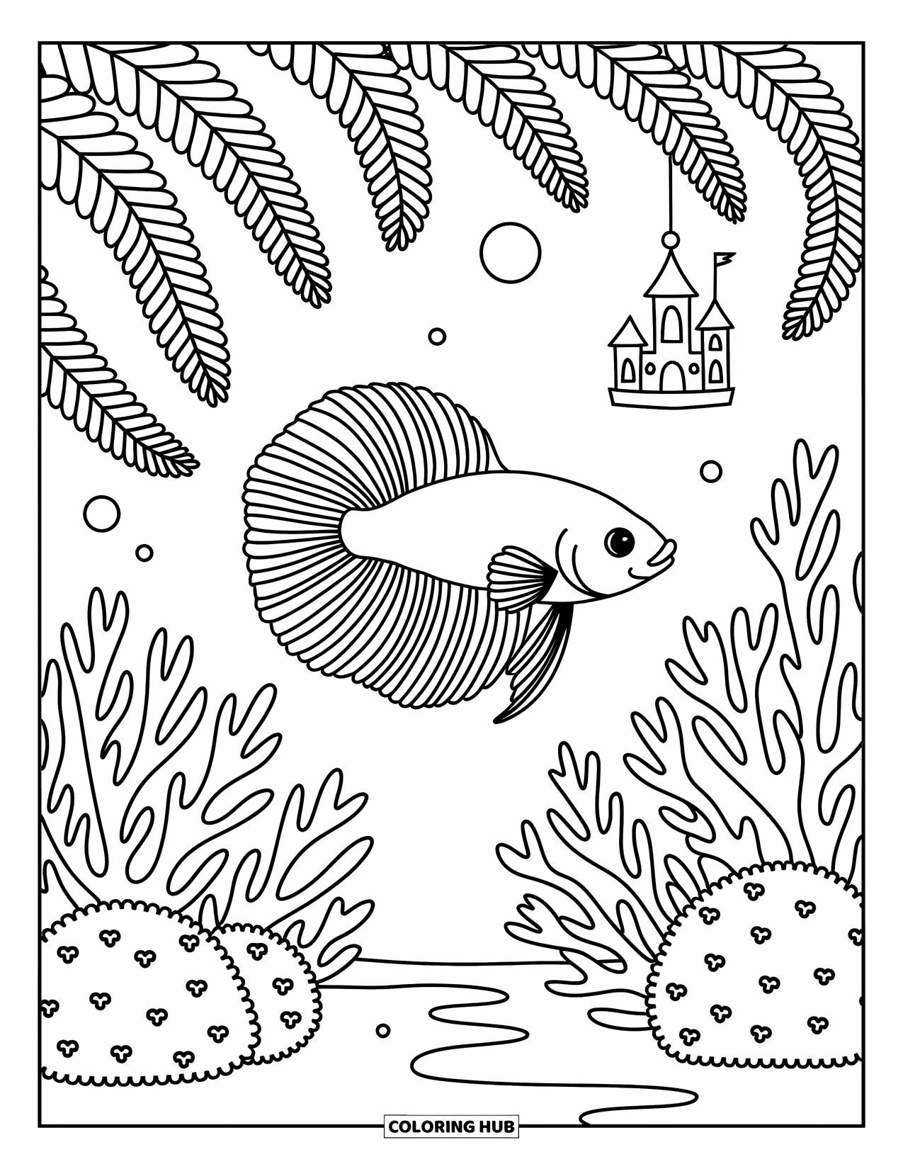 Betta Fish Coloring Page for Adults: A betta fish swims near plants and a tiny castle in a cozy underwater tank