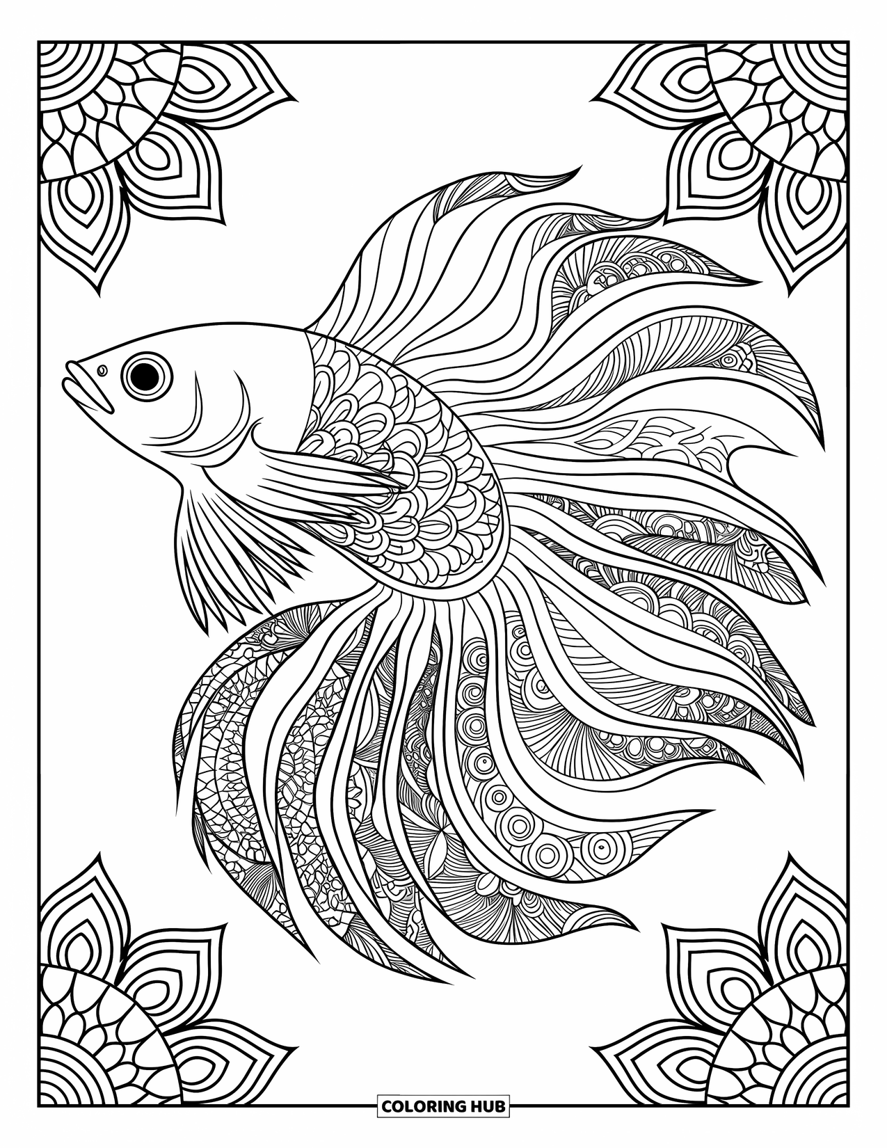 Betta Fish Coloring Page for Adults: A betta fish with patterned fins is centered in a page full of intricate details
