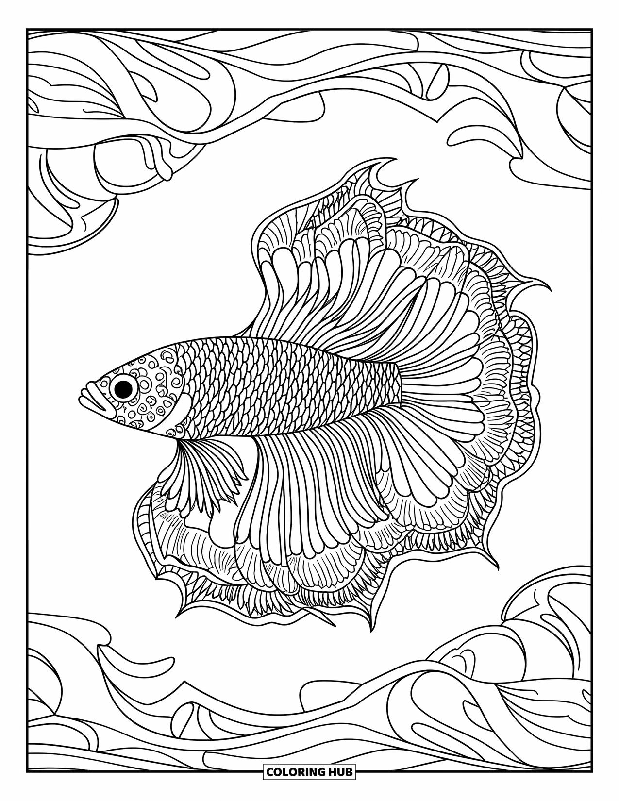 Betta Fish Coloring Page for Adults: A centered betta fish has mandala-like fins with soft curves and clean lines