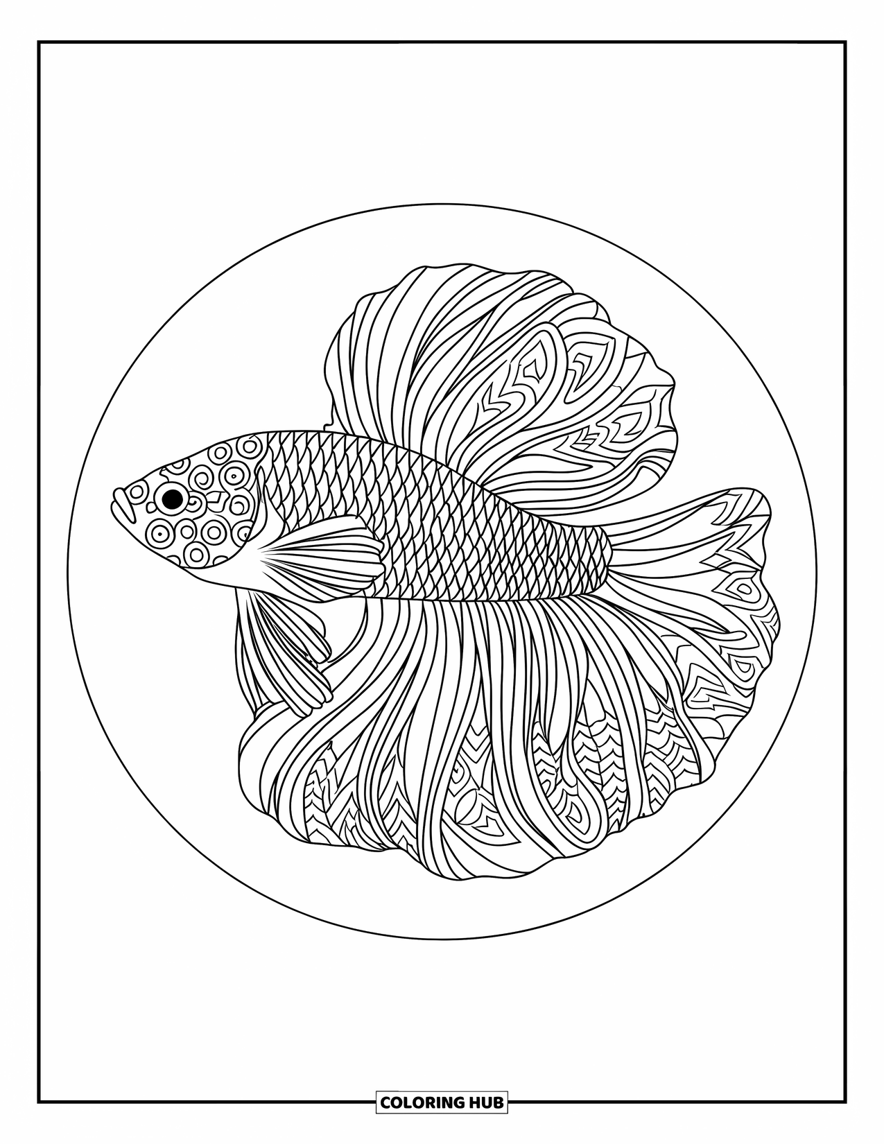 Betta Fish Coloring Page for Adults: A mandala-style betta fish with flowing fins is centered in a round layout