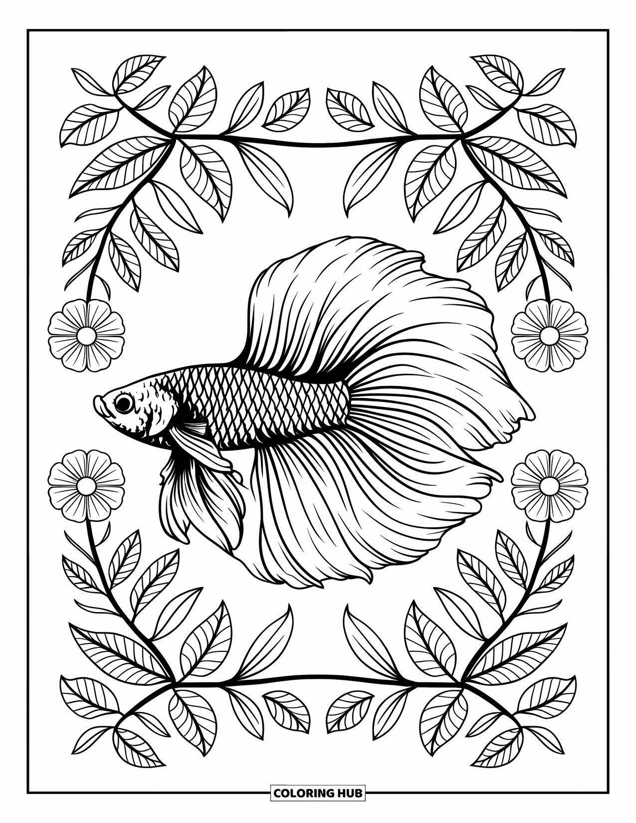 Betta Fish Coloring Page for Adults: A symmetrical betta fish design is surrounded by floral and leafy borders