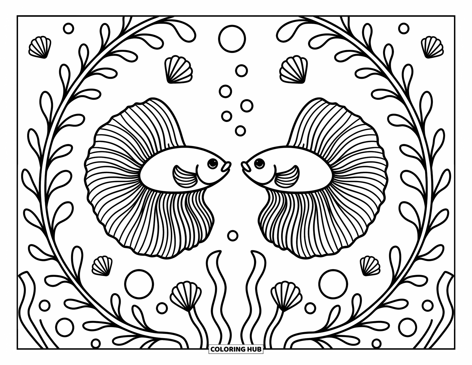 Betta Fish Coloring Page for Adults: Opposite-facing bettas swirl among vines, bubbles, and cheerful little sea creatures
