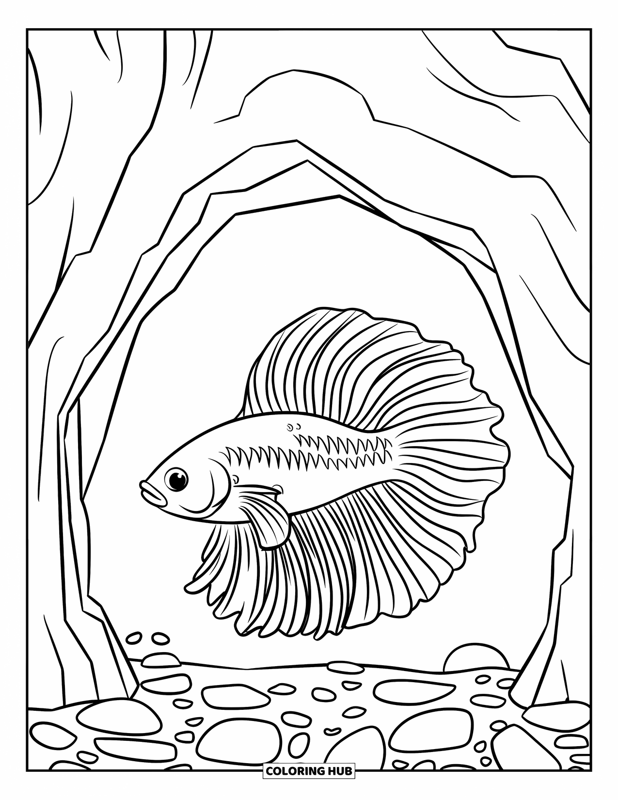 Betta Fish Coloring Page for Kids: A betta fish explores near a cave-shaped rock and scattered tank stones