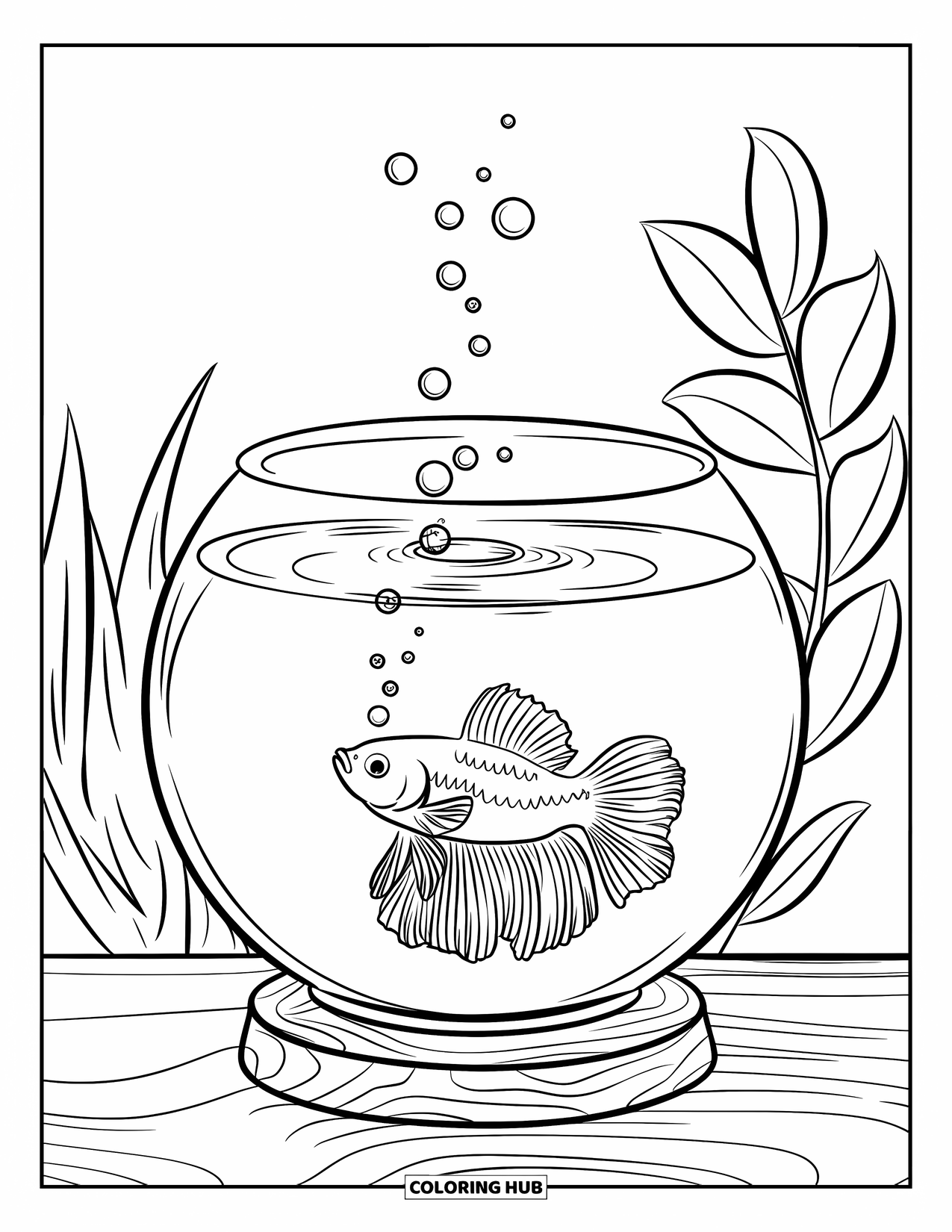 Betta Fish Coloring Page for Kids: A betta fish sends bubbles upward near leaves in a quiet fishbowl