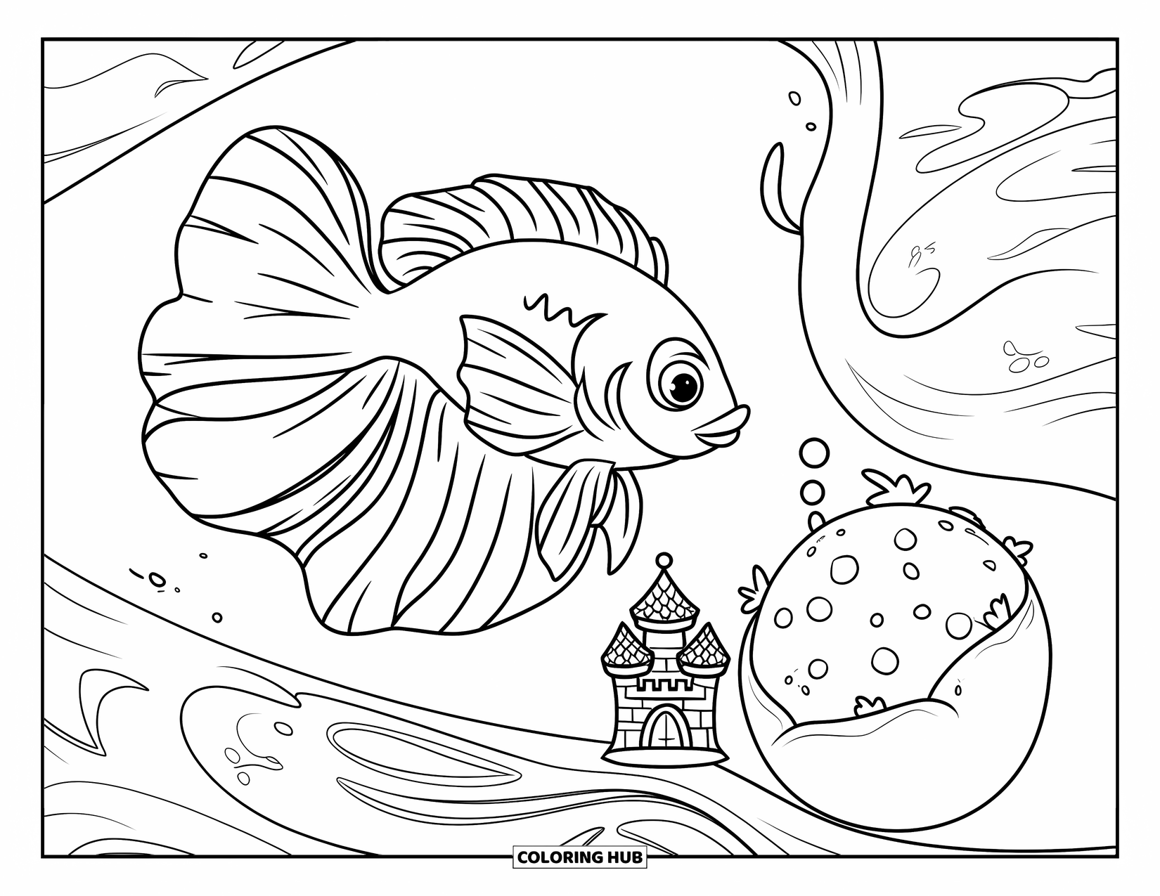 Betta Fish Coloring Page for Kids: A betta fish swims by a castle ornament and moss ball in a clean tank