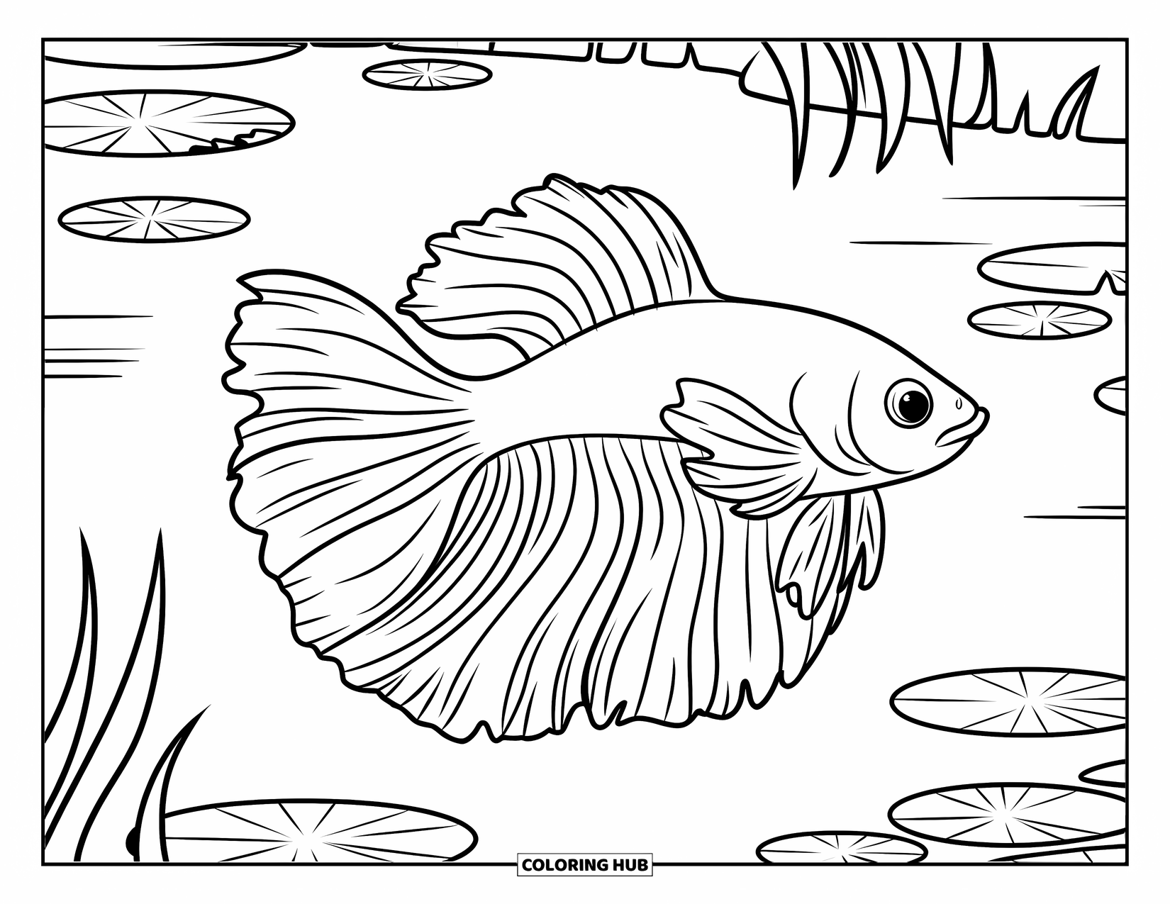 Betta Fish Coloring Page for Kids: A betta fish swims in a circle with lily pads floating on a calm lake
