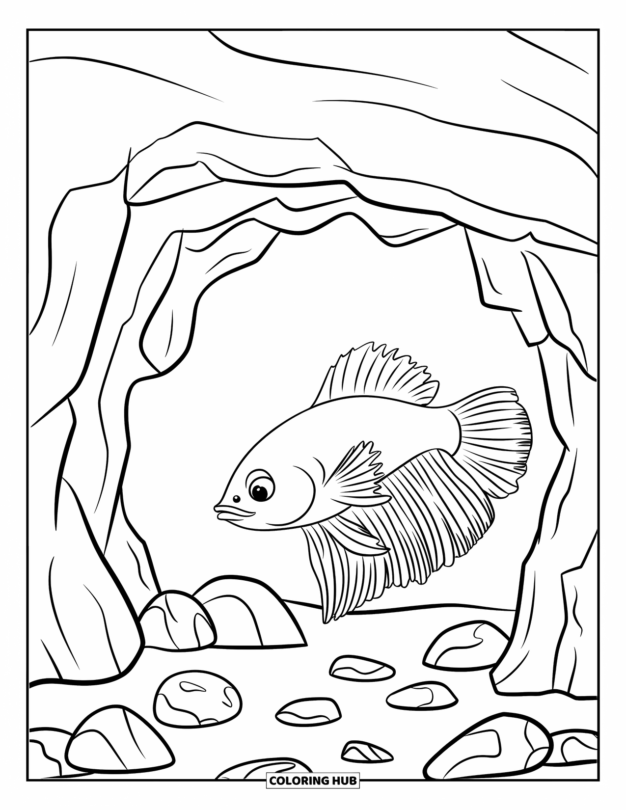Betta Fish Coloring Page for Kids: A betta fish swims near a rocky cave and scattered aquarium stones