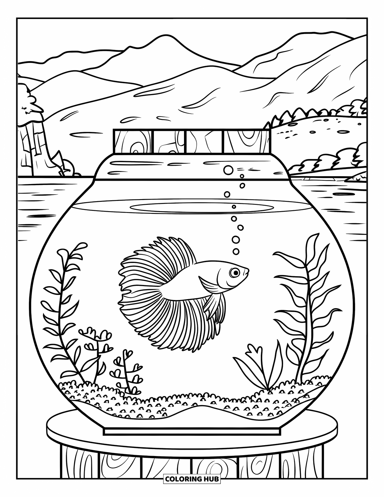 Betta Fish Coloring Page for Kids: A betta fish turns in a planted tank on a wooden stand with nature behind