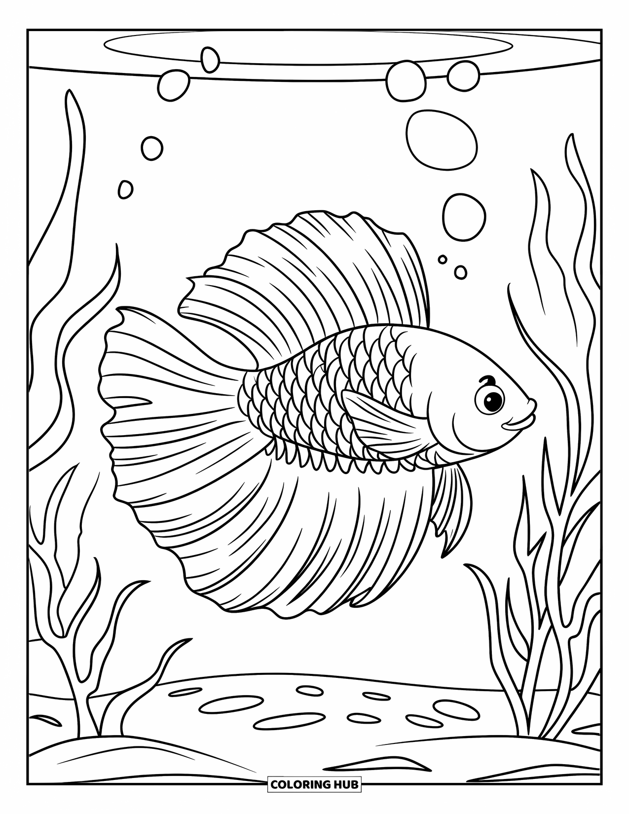 Betta Fish Coloring Page for Kids: A betta fish with flowing fins swims alone with bubbles in a quiet aquarium